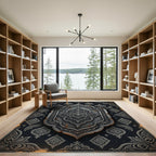 Dark Silver Damask Ornate Medallion Rug