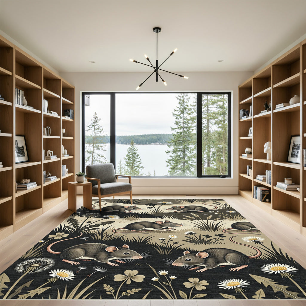 Whimsical Gray Mouse Field Dandelion Rug