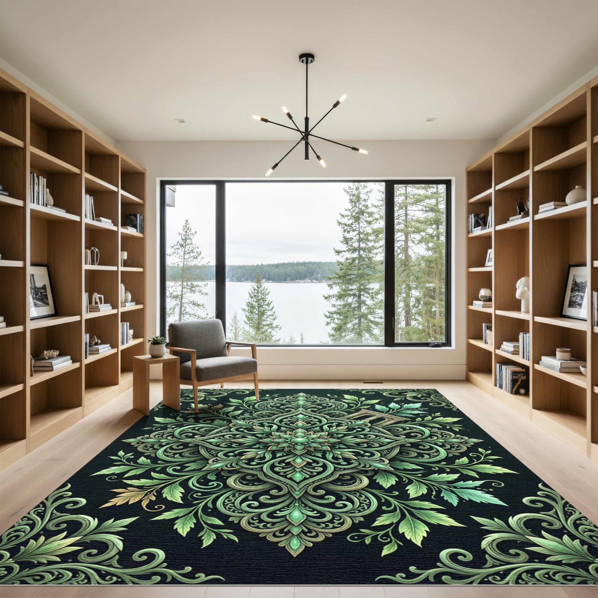 Elegant Emerald Leafy Foliage Medallion Rug