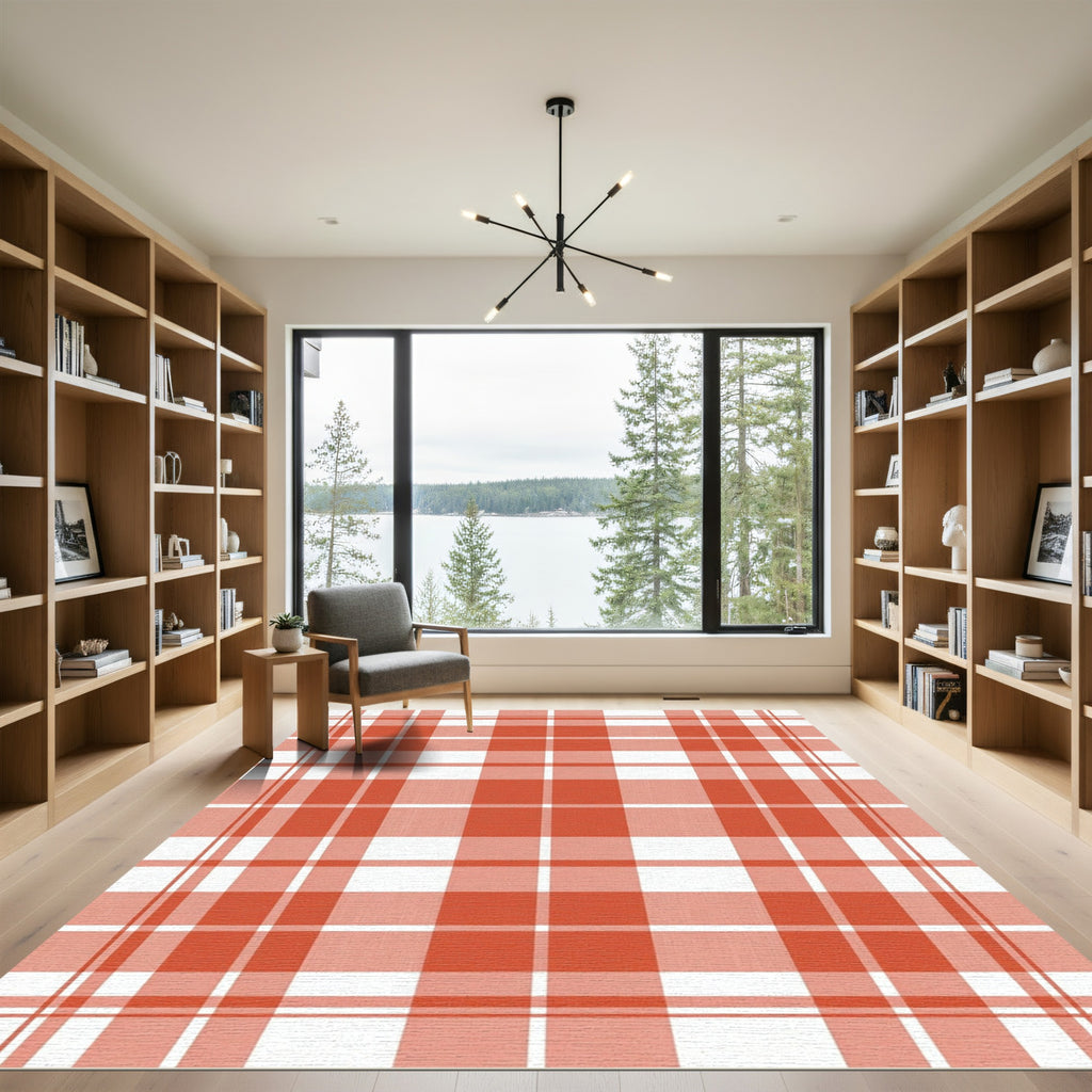 Classic Terracotta and White Plaid Tartan Rug