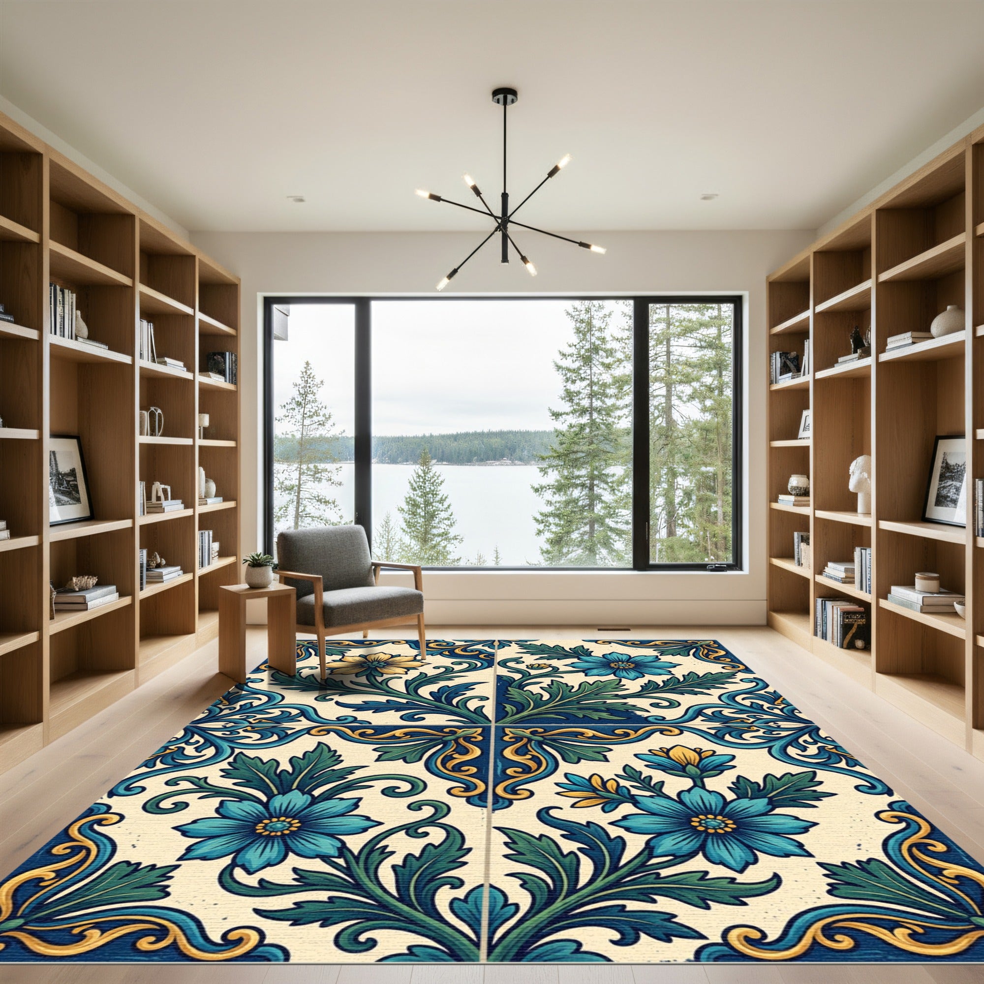 Ornate Teal Yellow Floral Scrolls Rug