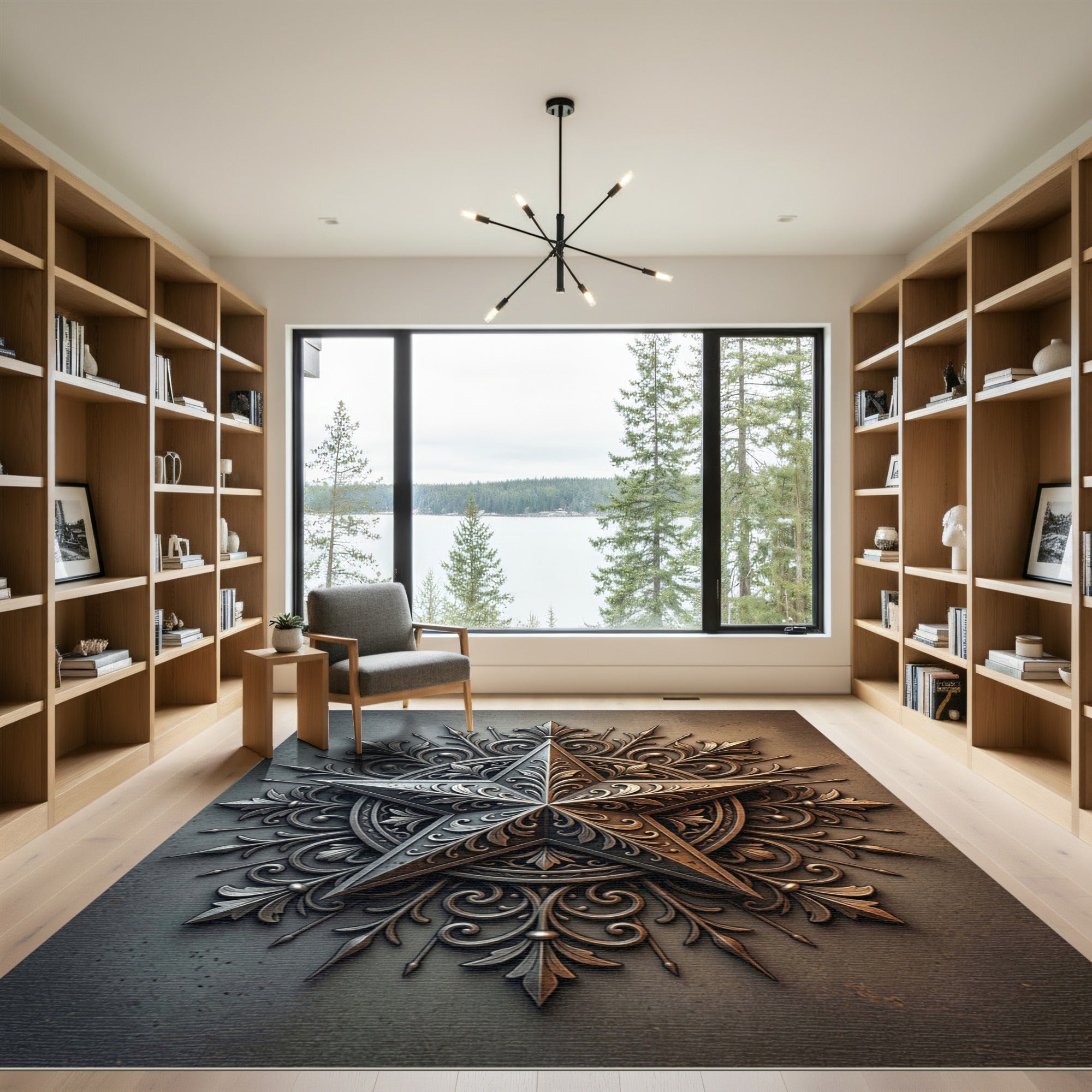 Ornate Metallic Silver Star Medallion Rug