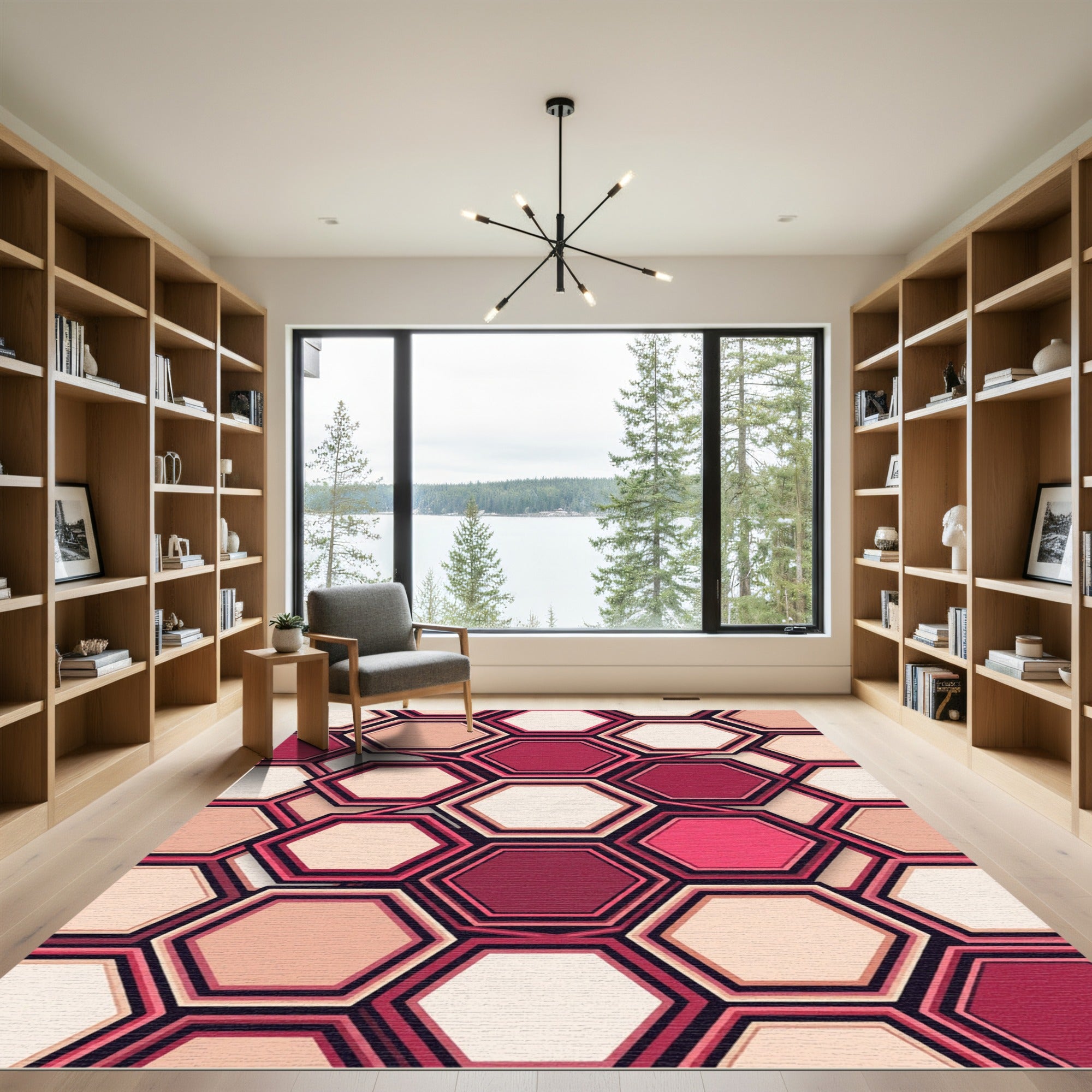 Modern Burgundy Peach Geometric Hexagon Rug