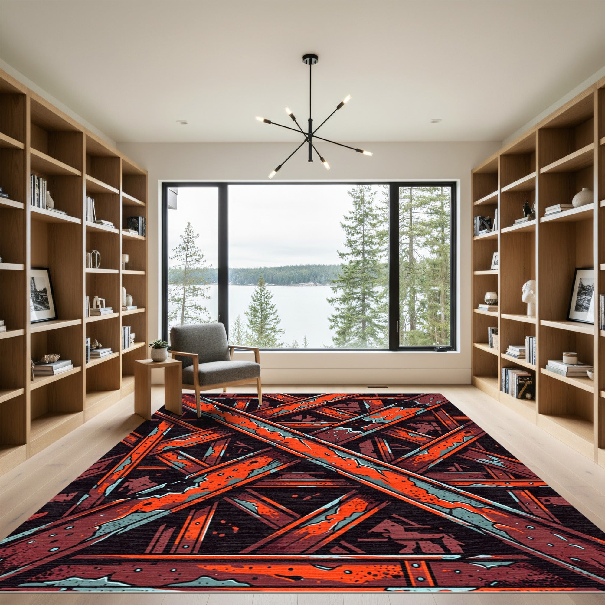 Bold Orange Textured Overlay Geometric Rug