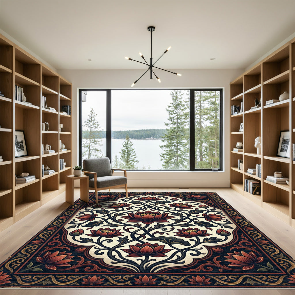Ornate Deep Red Lotus Floral Scroll Rug