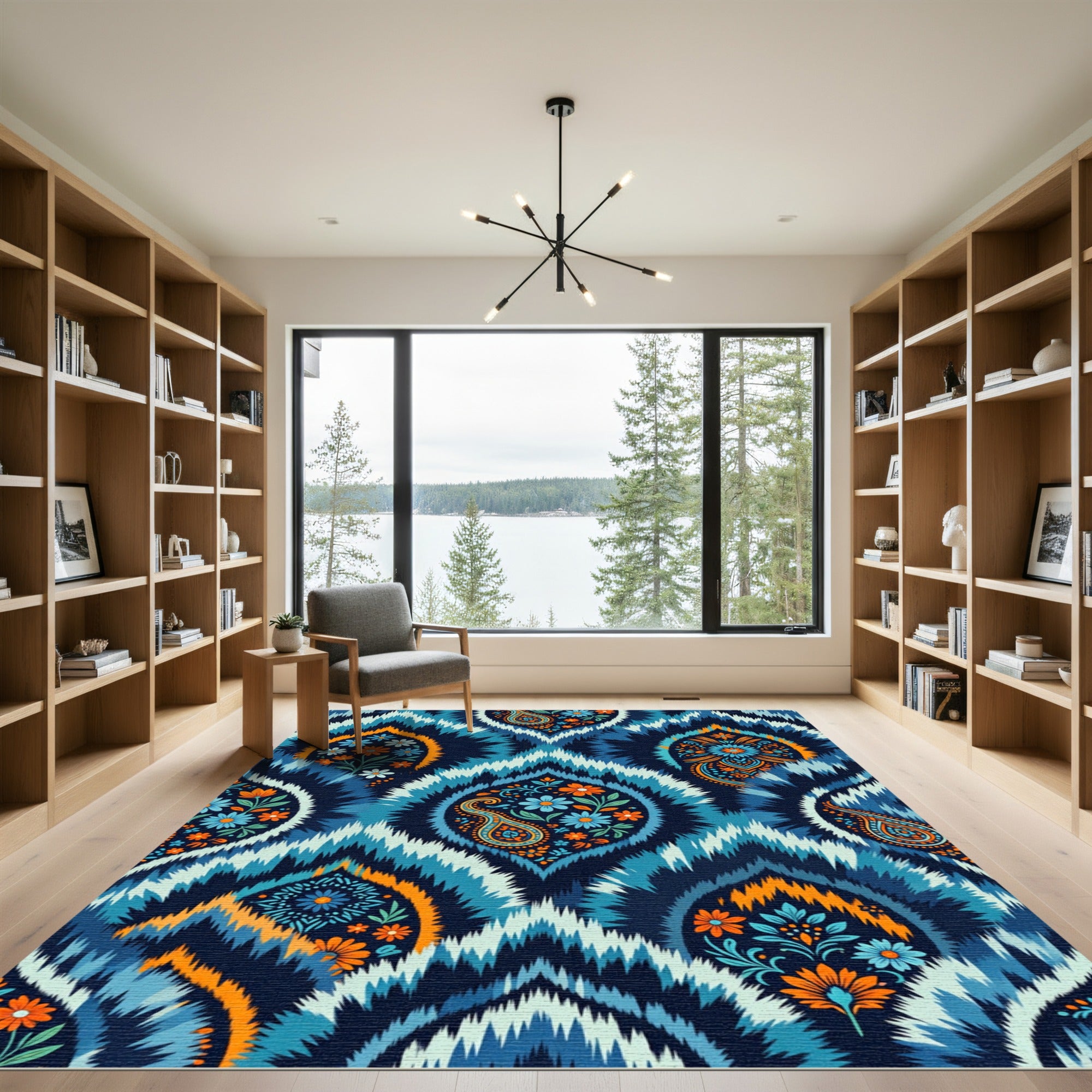 Deep Blue Orange Floral Paisley Ikat Rug