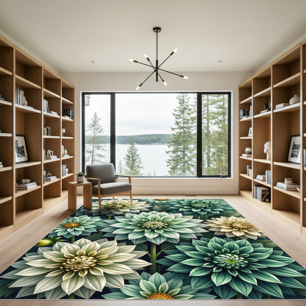 Sage and Cream Botanical Dahlia Floral Rug