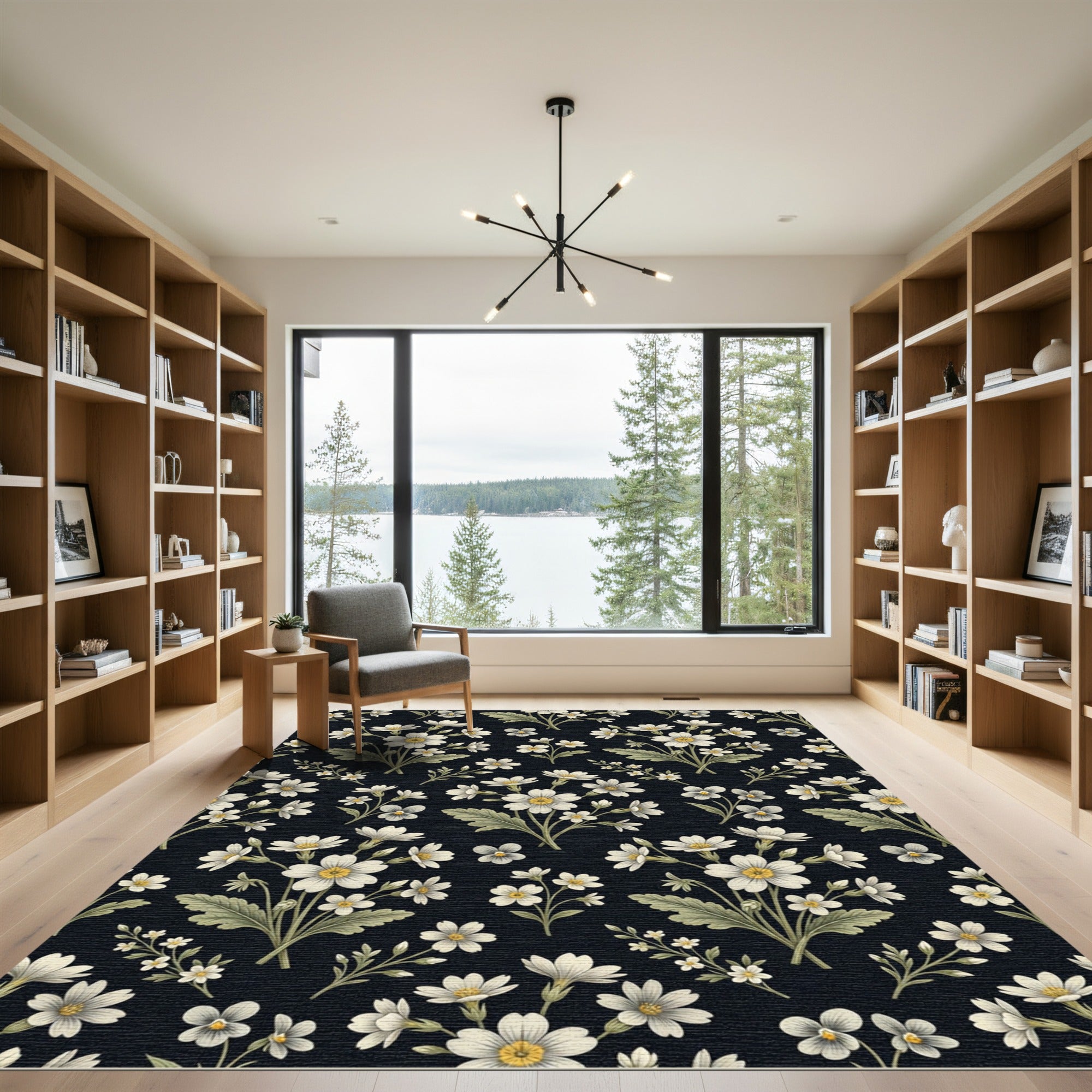 Classic White Floral Dark Background Rug