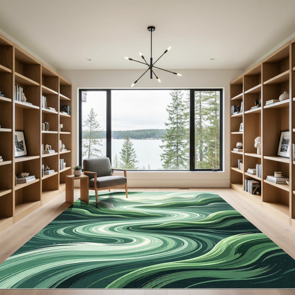 Abstract Emerald Flowing River Landscape Rug