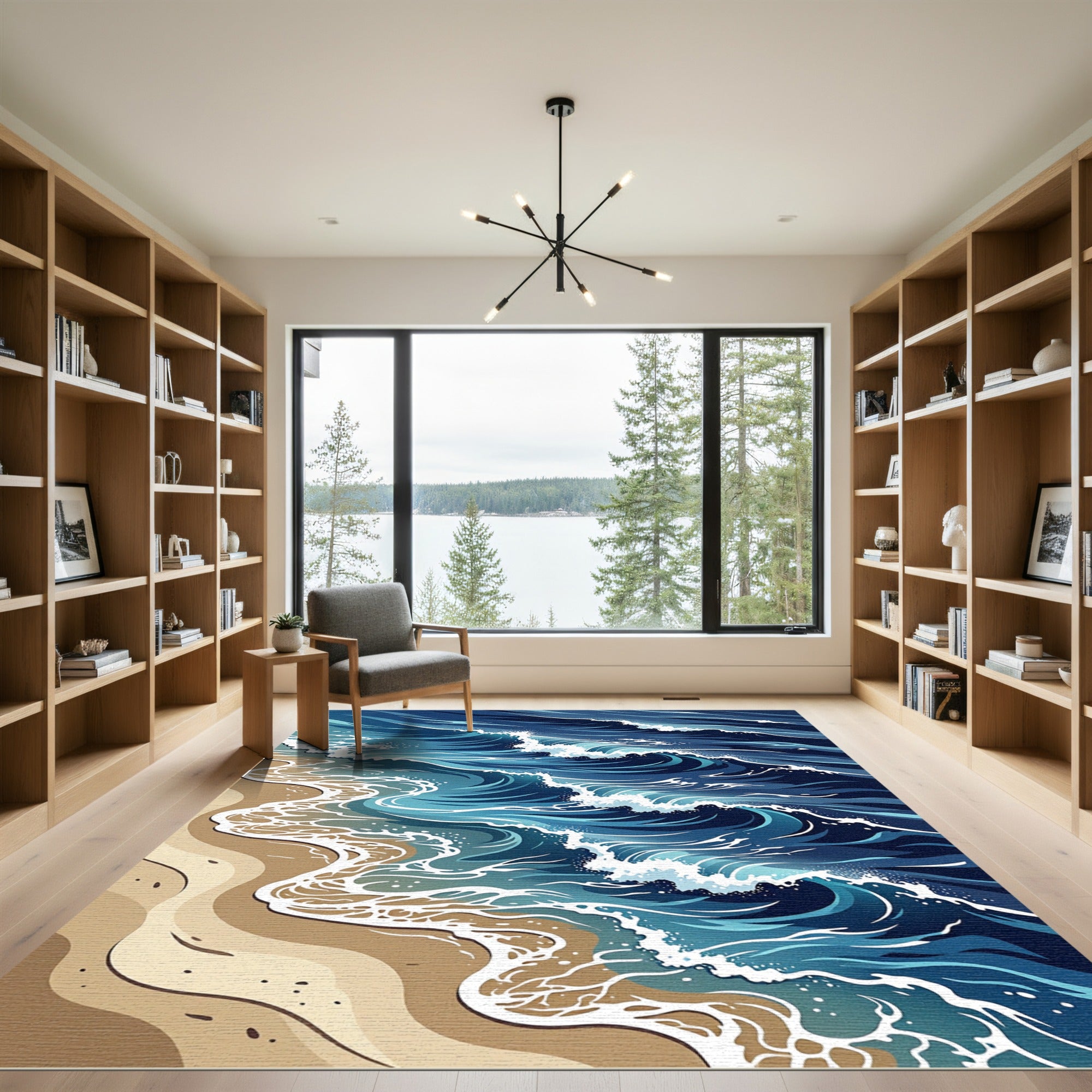Dynamic Deep Blue Coastal Wave Rug