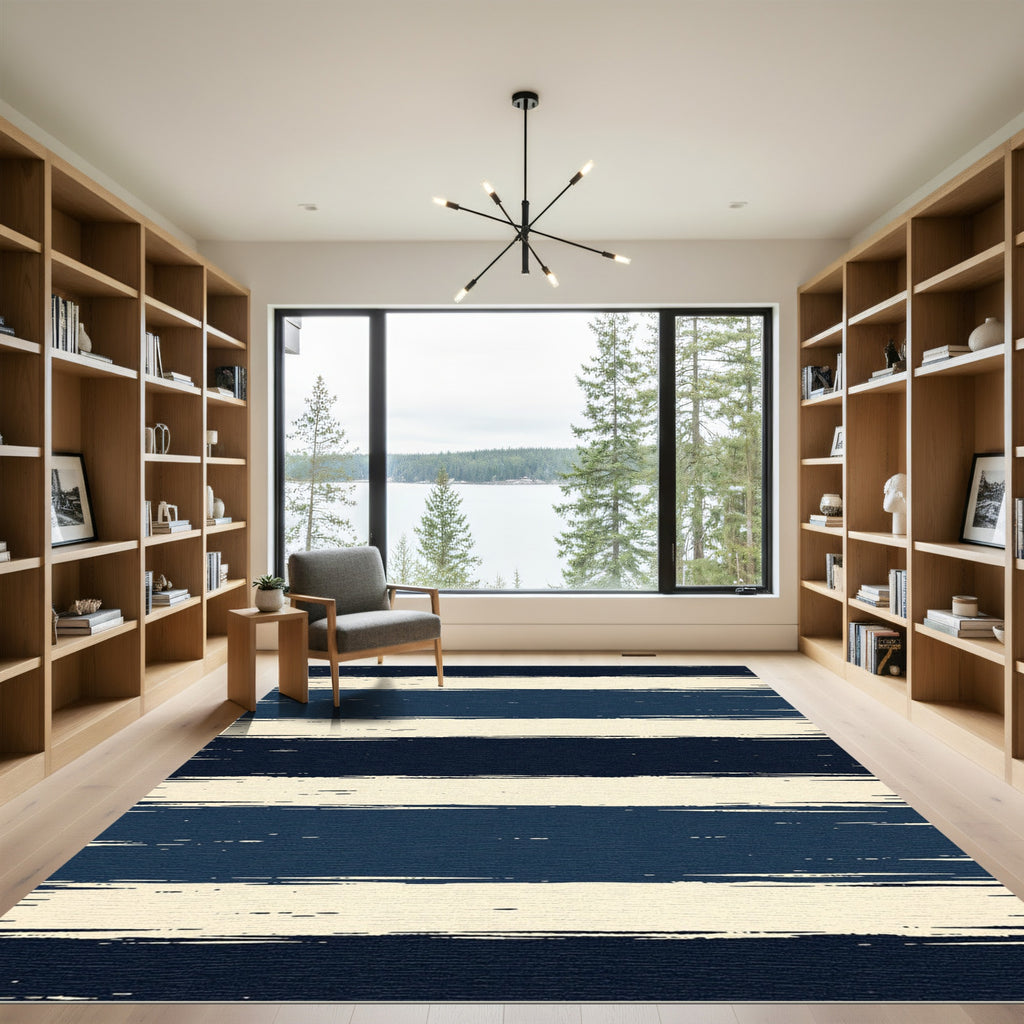 Navy and Cream Distressed Horizontal Stripe Rug