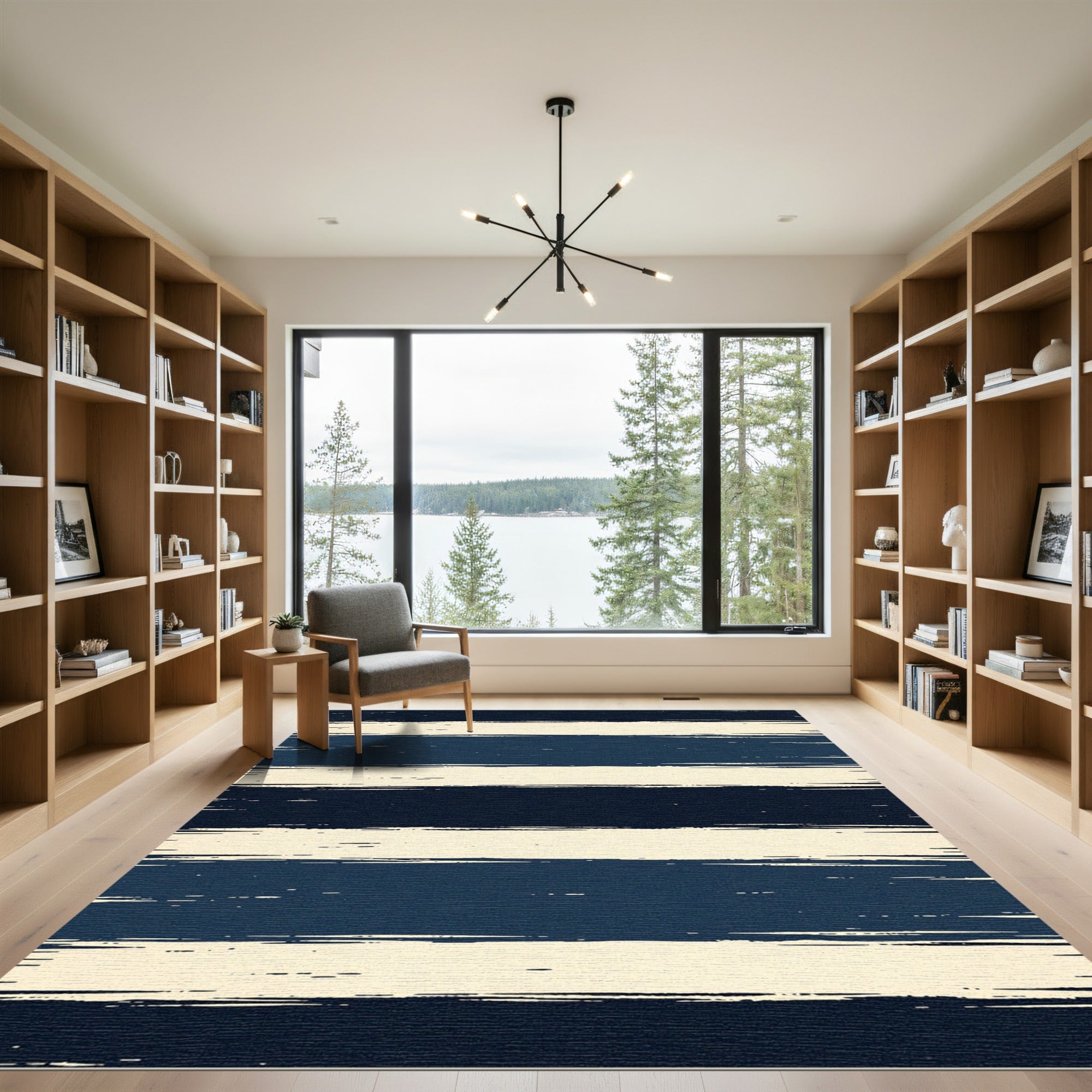 Navy and Cream Distressed Horizontal Stripe Rug