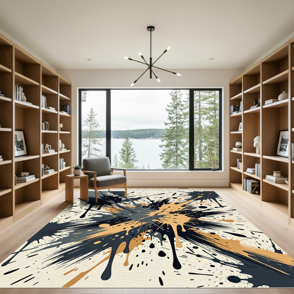 Abstract Splatter Paint Black Gold Rug