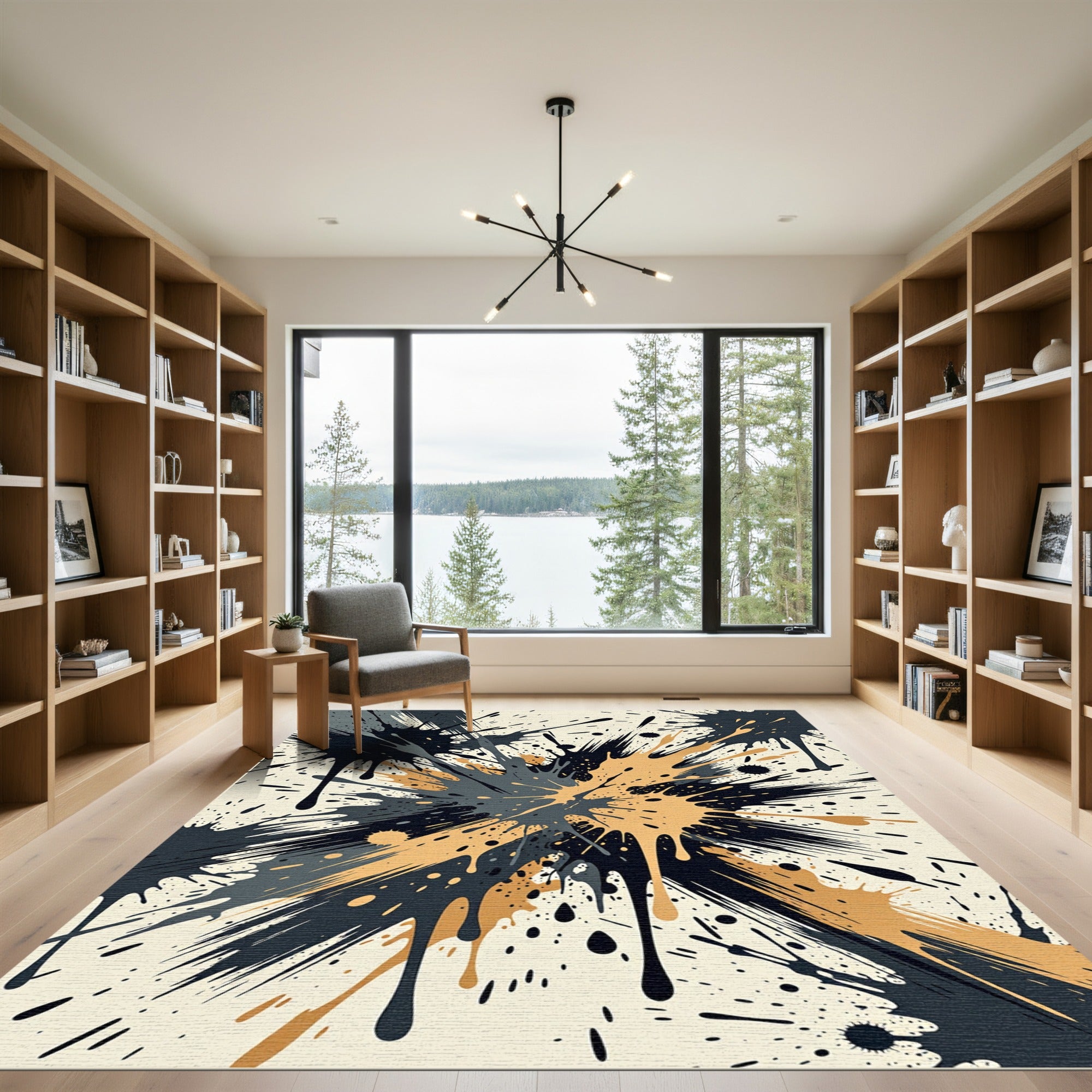 Abstract Splatter Paint Black Gold Rug