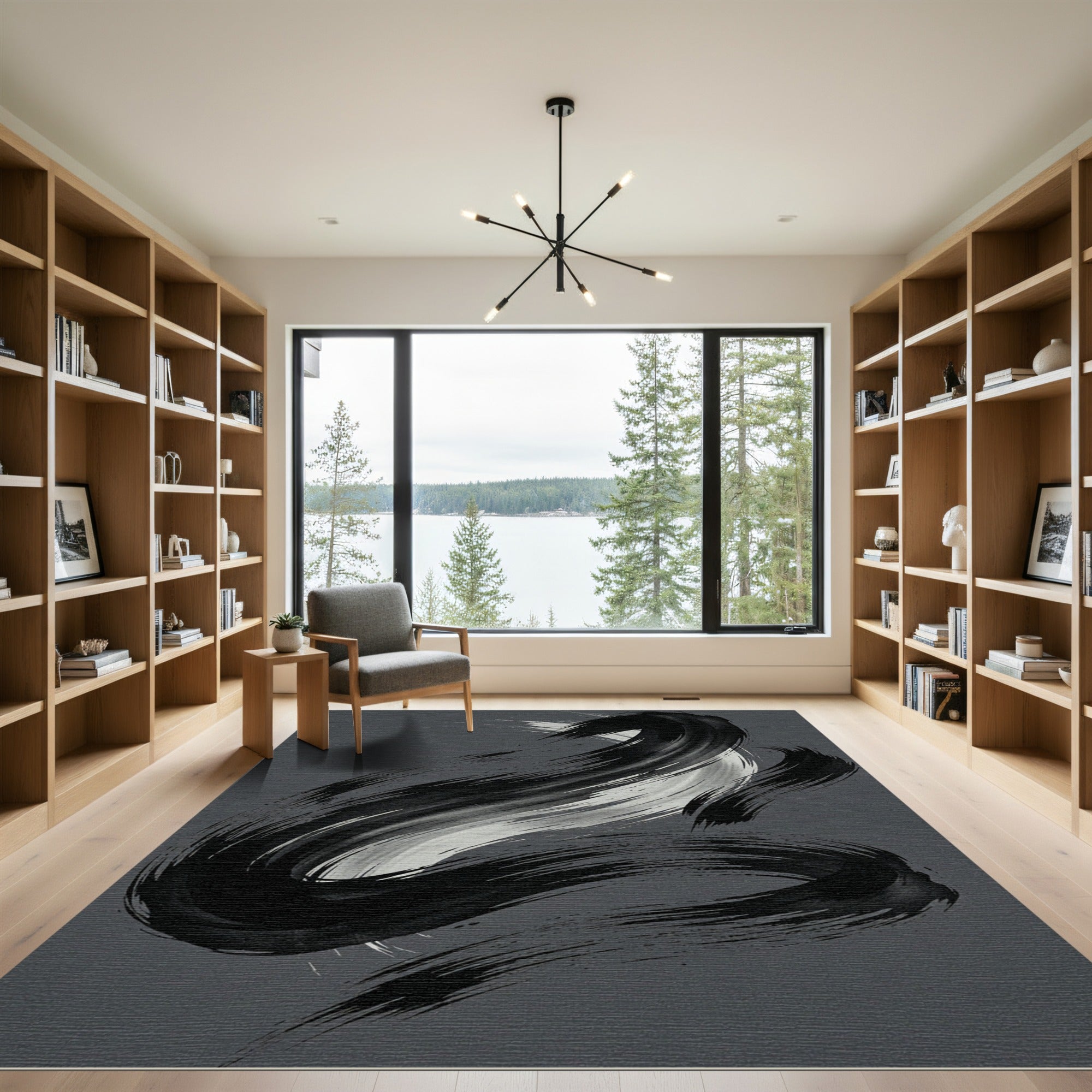 Bold Black Swirl Ink Brushstroke Rug