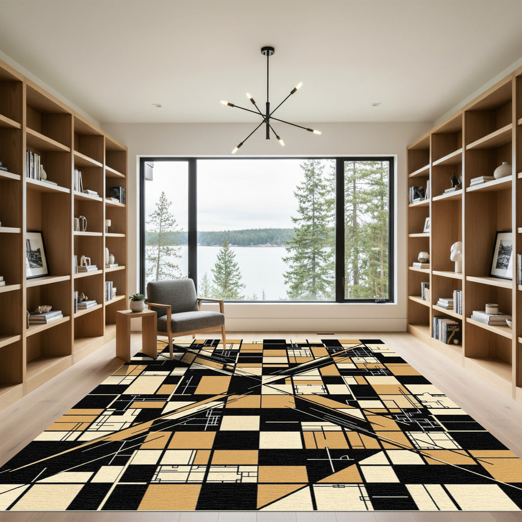Geometric Minimalist Ochre Black Abstract Grid Rug