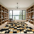 Geometric Minimalist Ochre Black Abstract Grid Rug