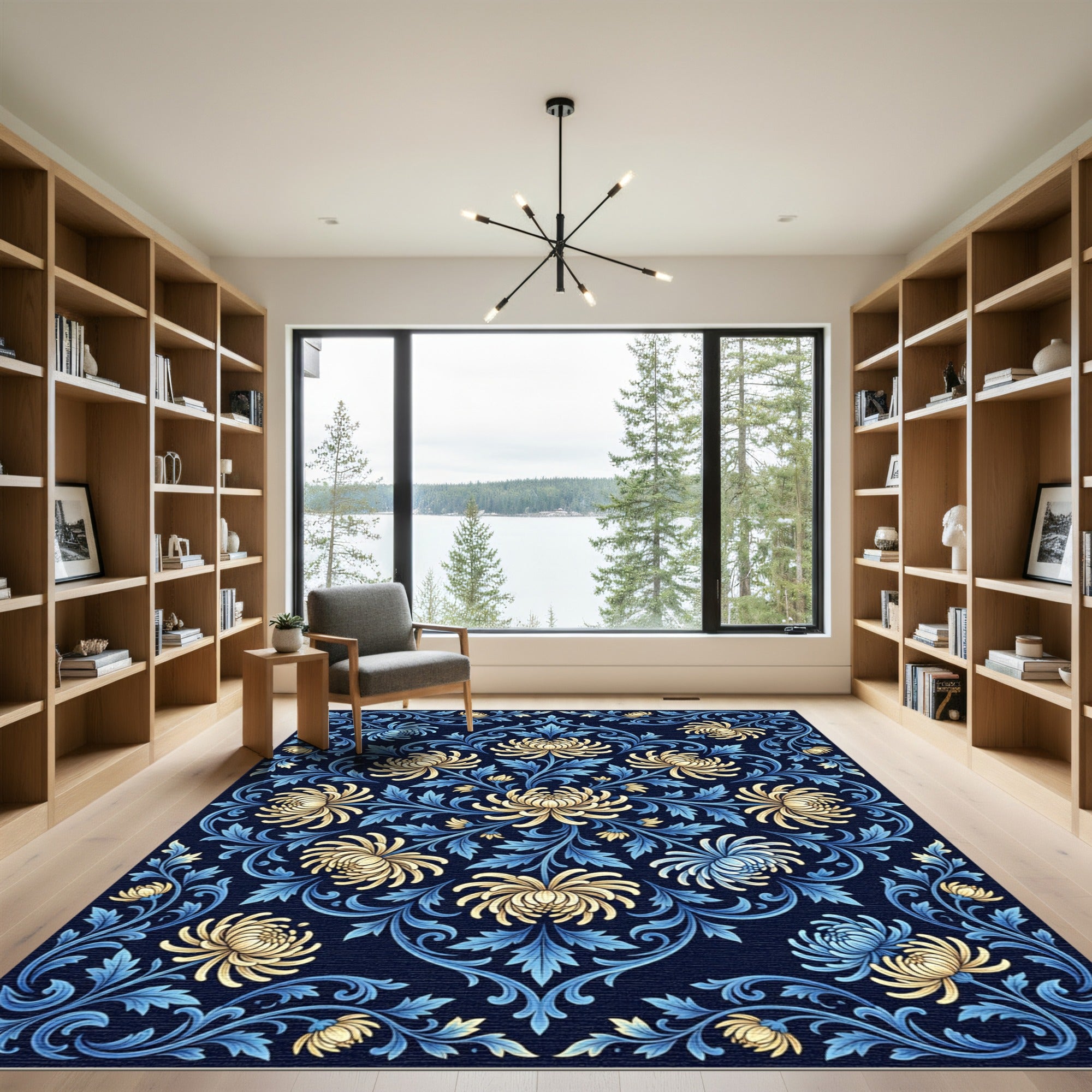 Navy Blue Floral Chrysanthemum Scroll Medallion Rug