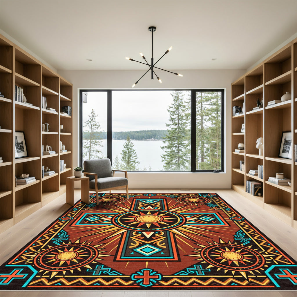 Vibrant Sunburst Cross Geometric Earthy Rug
