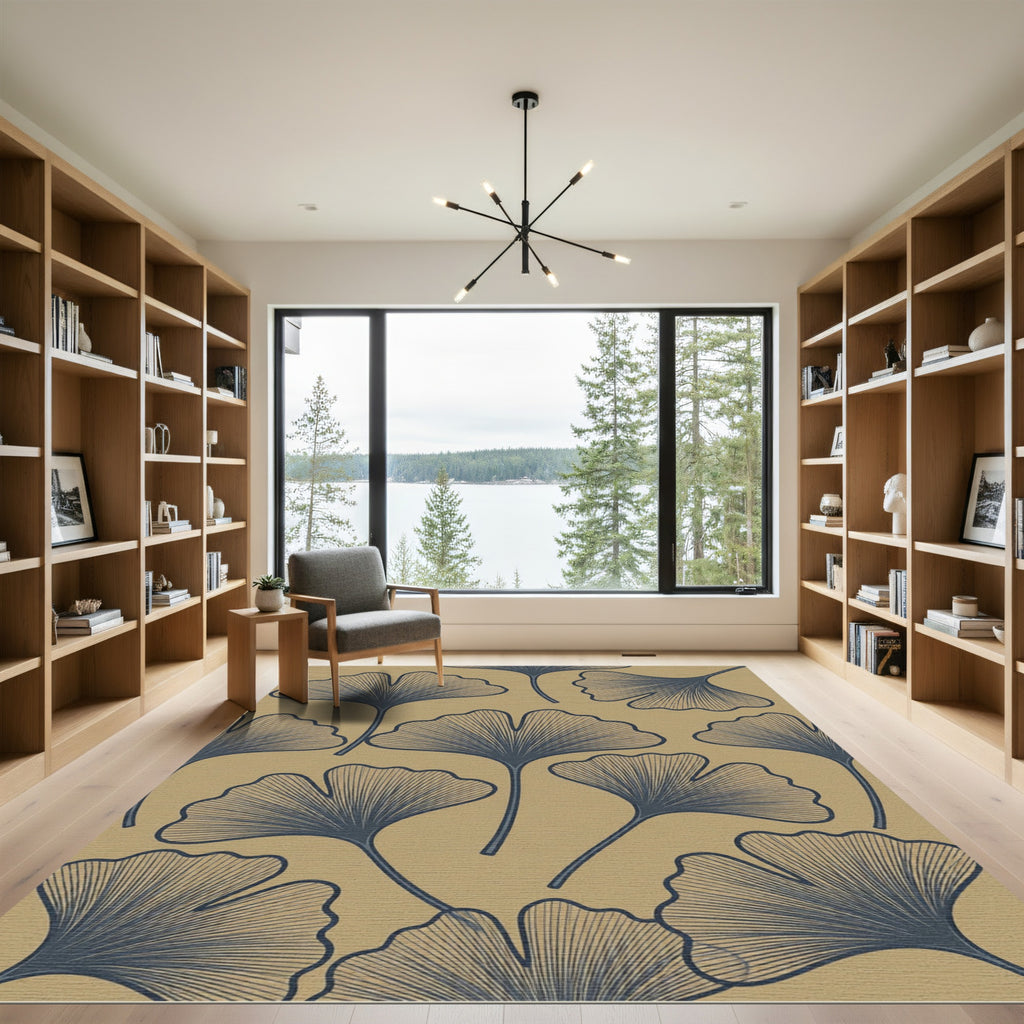 Navy Ginkgo Leaf Beige Background Rug