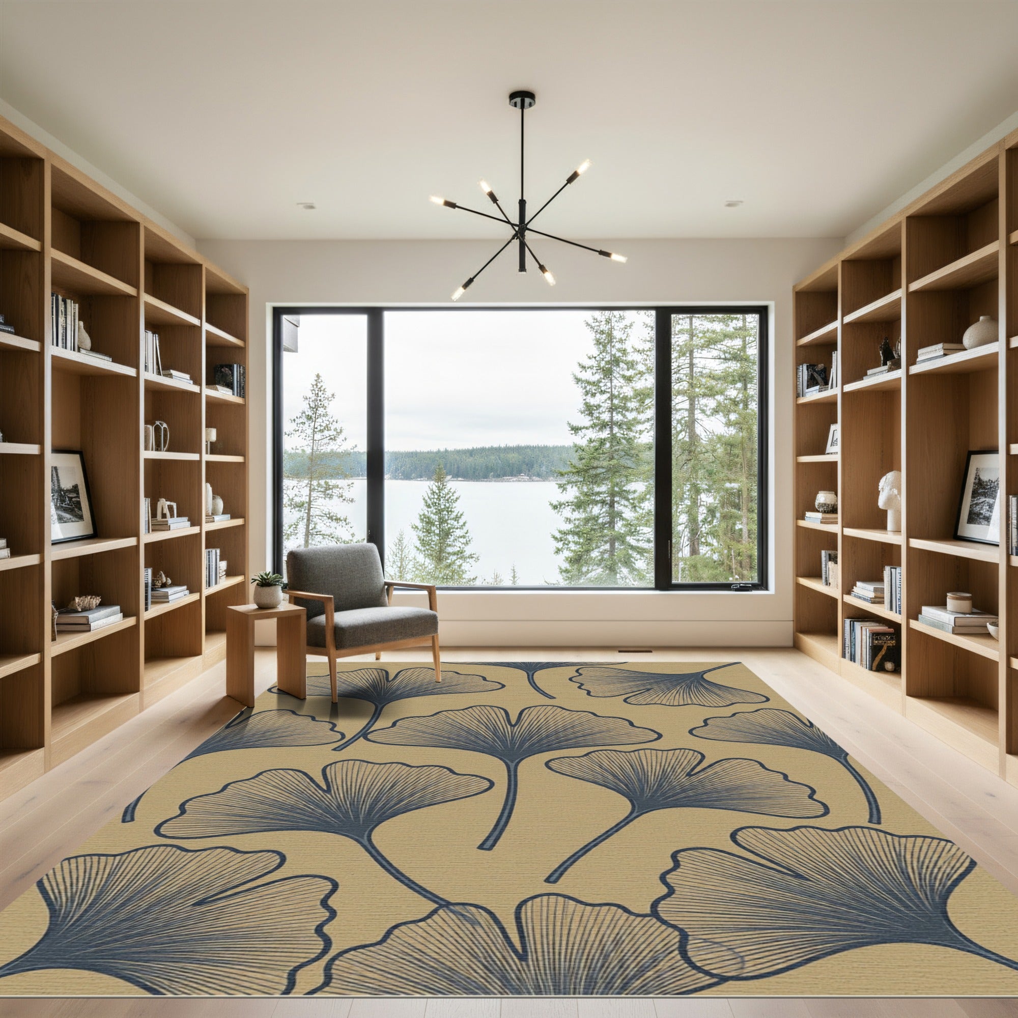 Navy Ginkgo Leaf Beige Background Rug