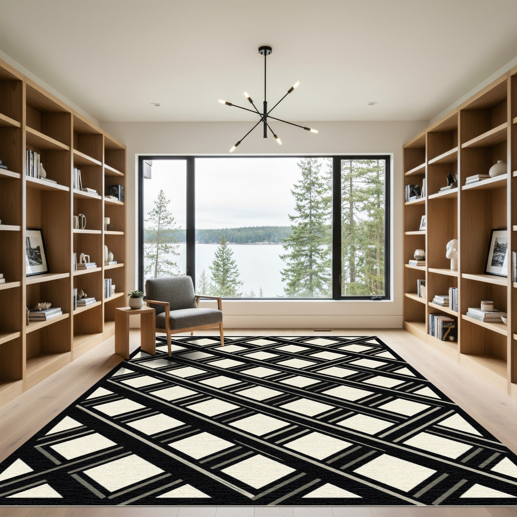 Modern Monochrome Geometric Diagonal Lattice Rug
