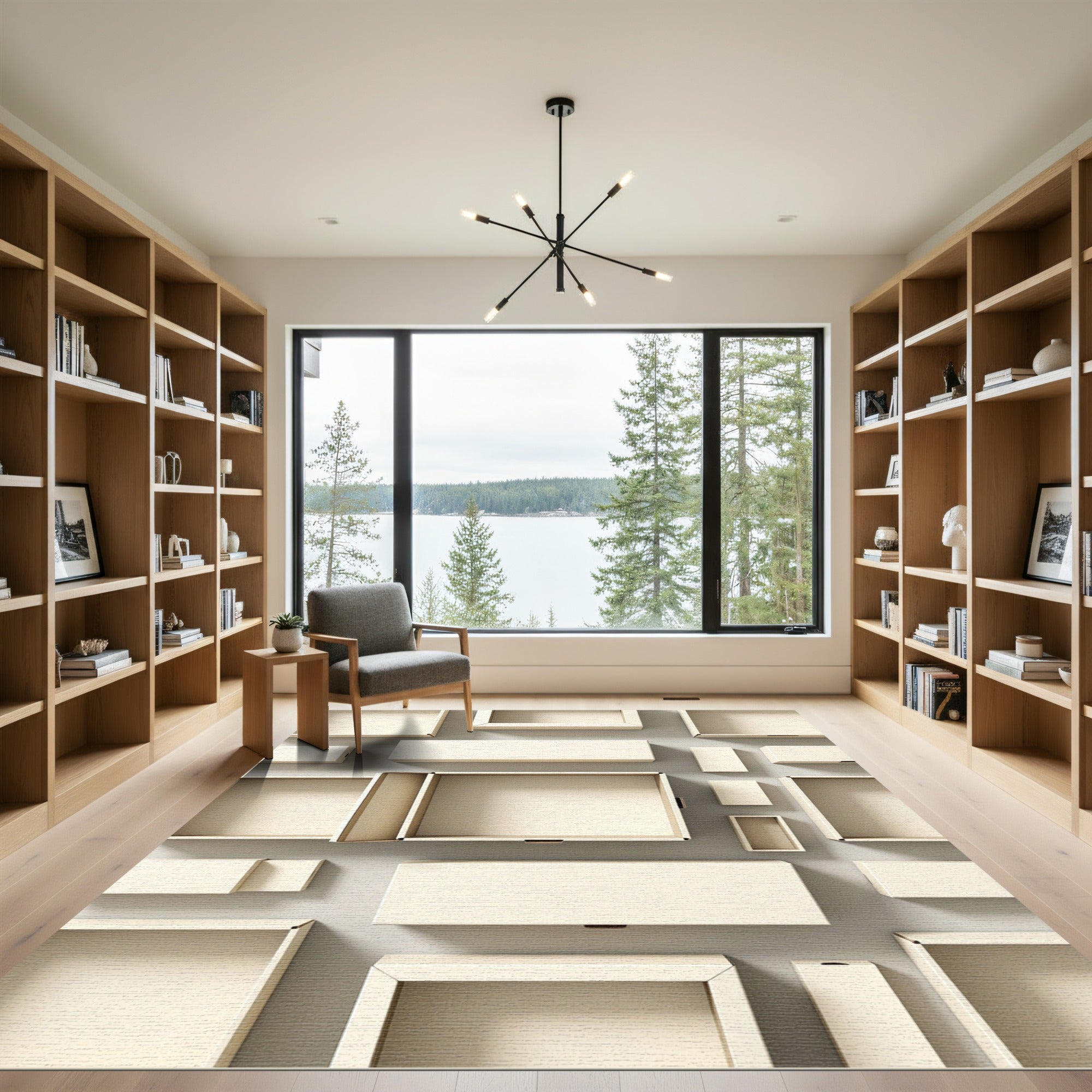 Minimalist Cream Grid Geometric Framed Box Rug
