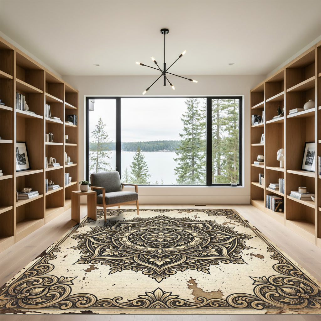 Ornate Sepia Floral Mandala Rug