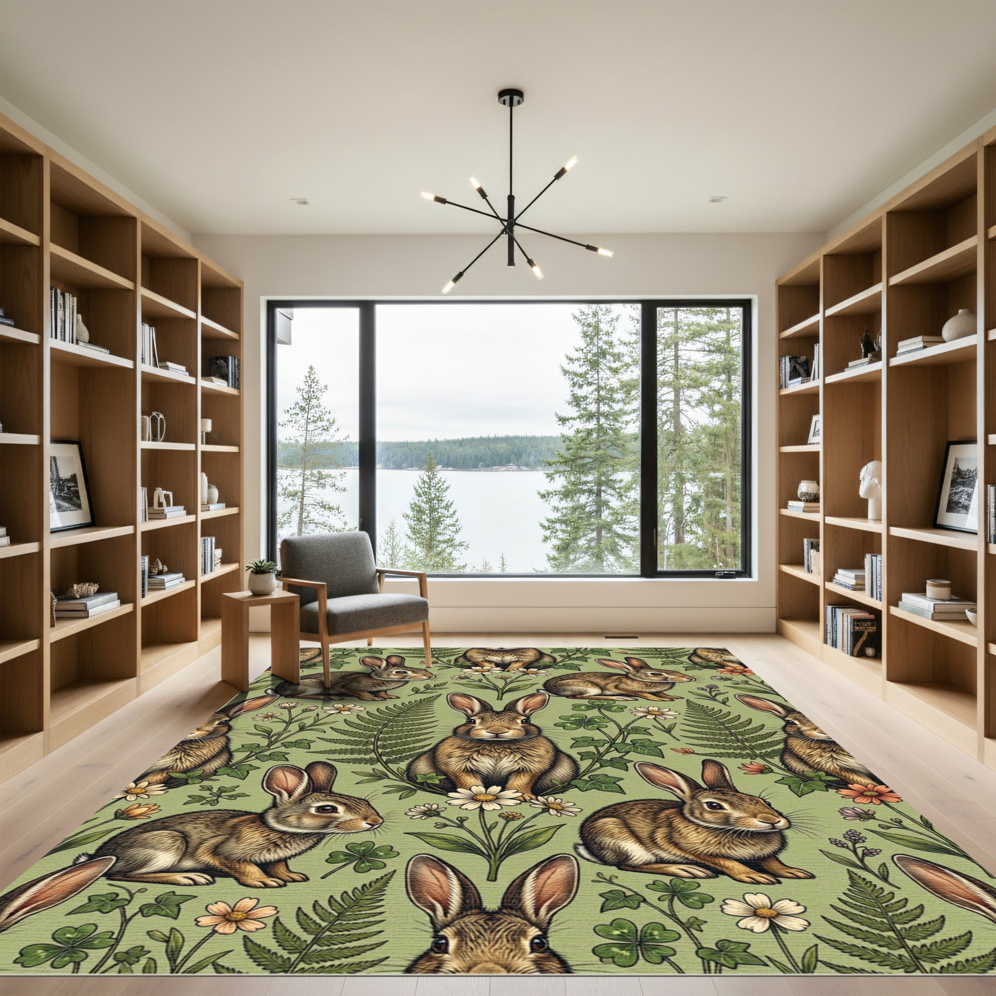 Whimsical Sage Woodland Rabbit Meadow Rug
