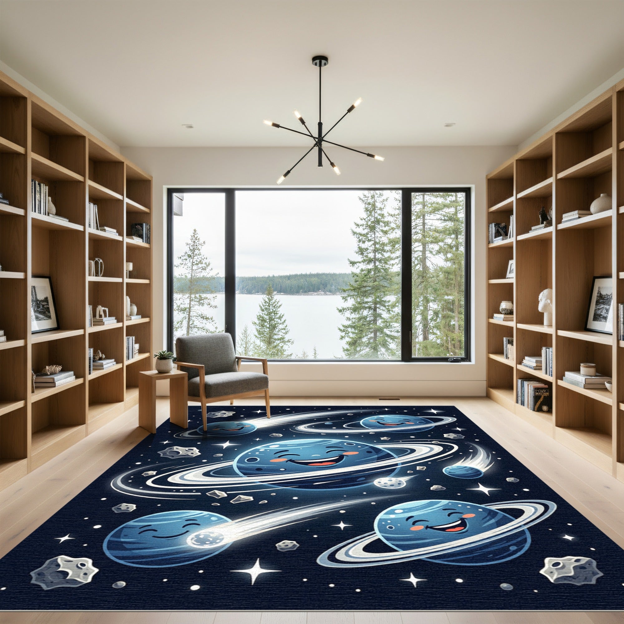 Whimsical Cosmic Blue Planet Galaxy Art Rug