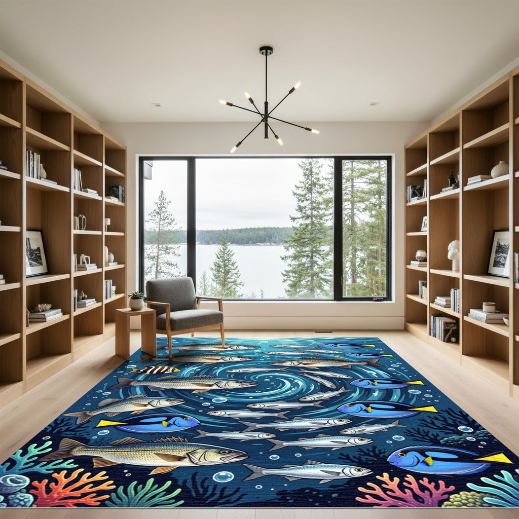 Vibrant Blue Deep Sea Schooling Fish Rug