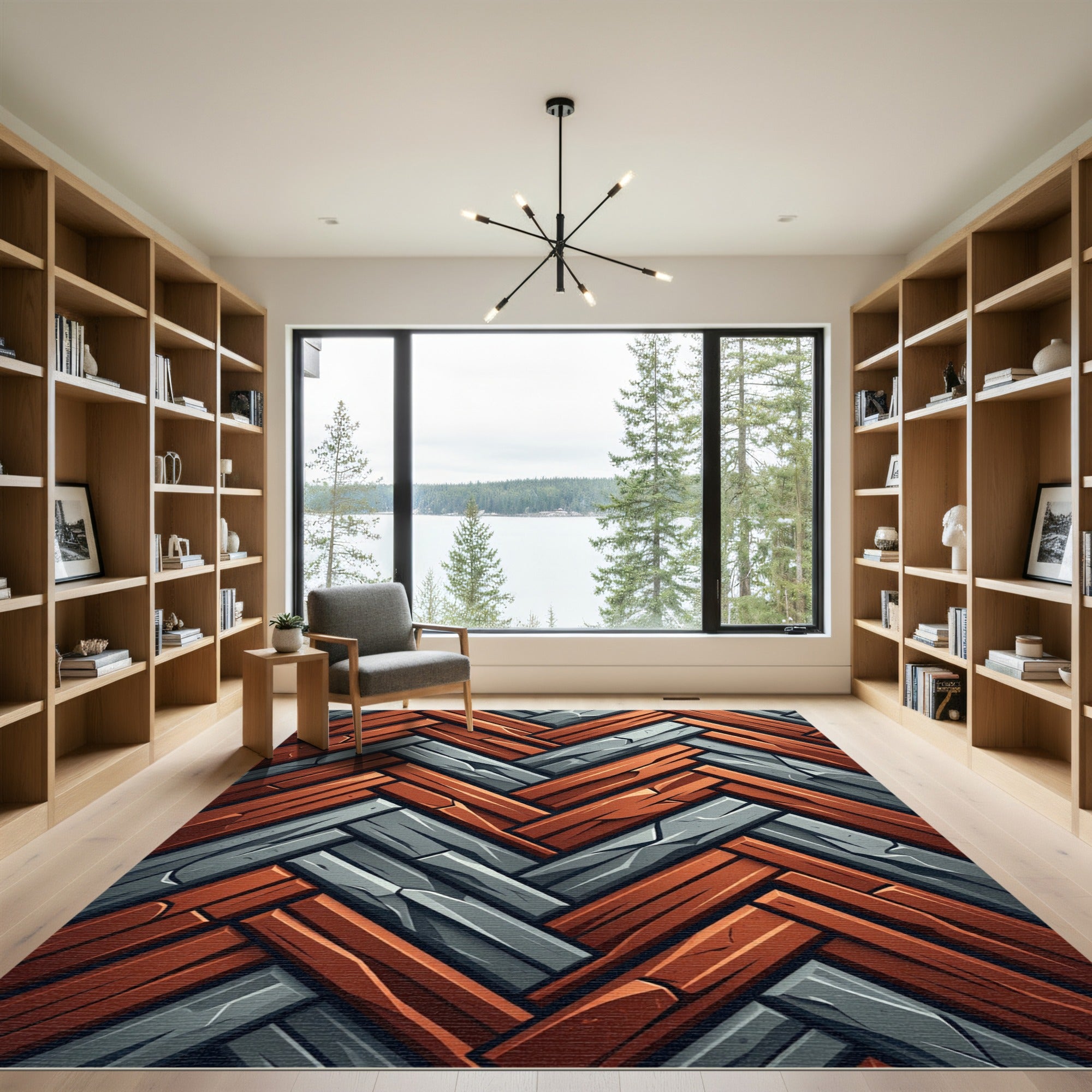 Rustic Wood Stone Herringbone Interlock Rug