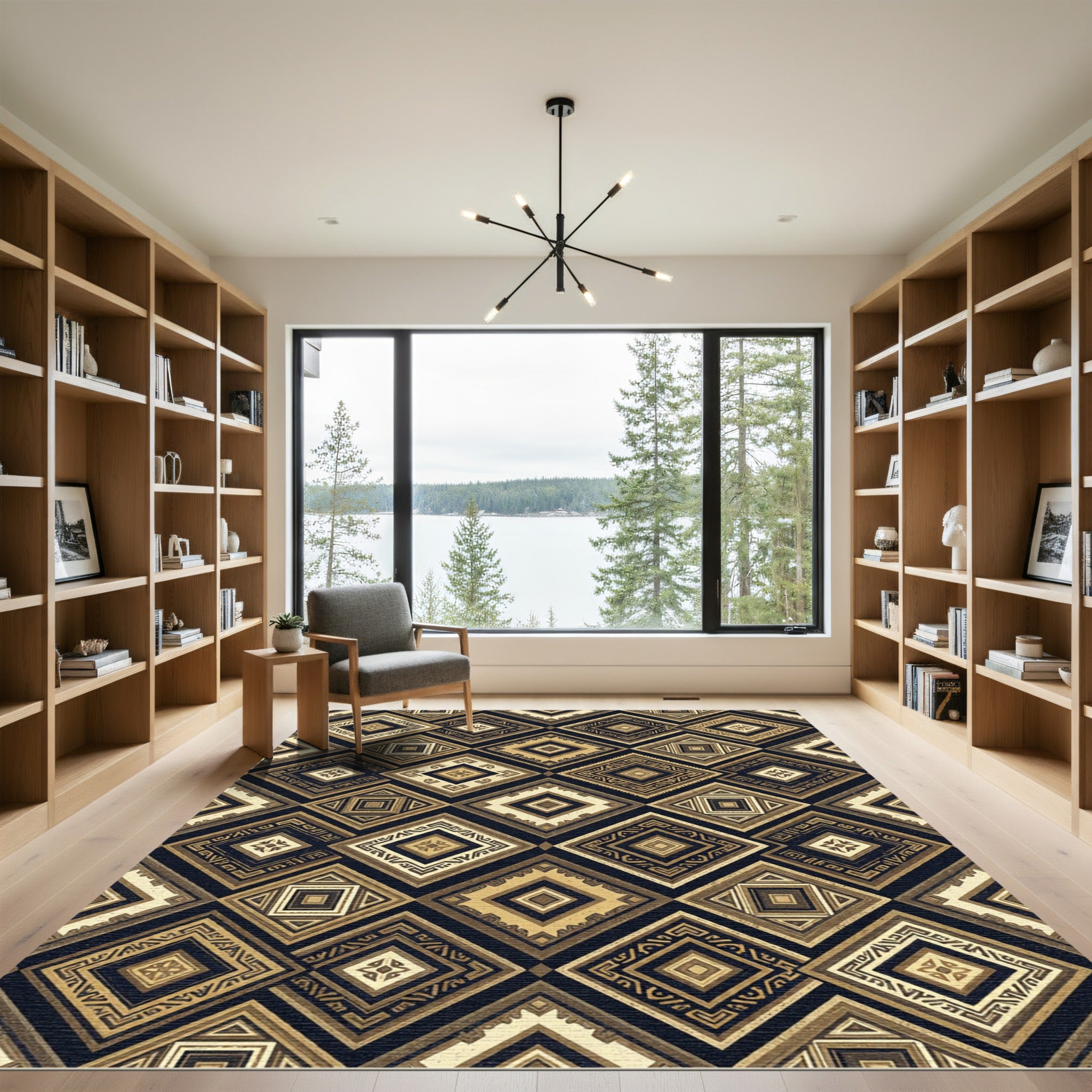 Golden Geometric Diamond Aztec Art Rug