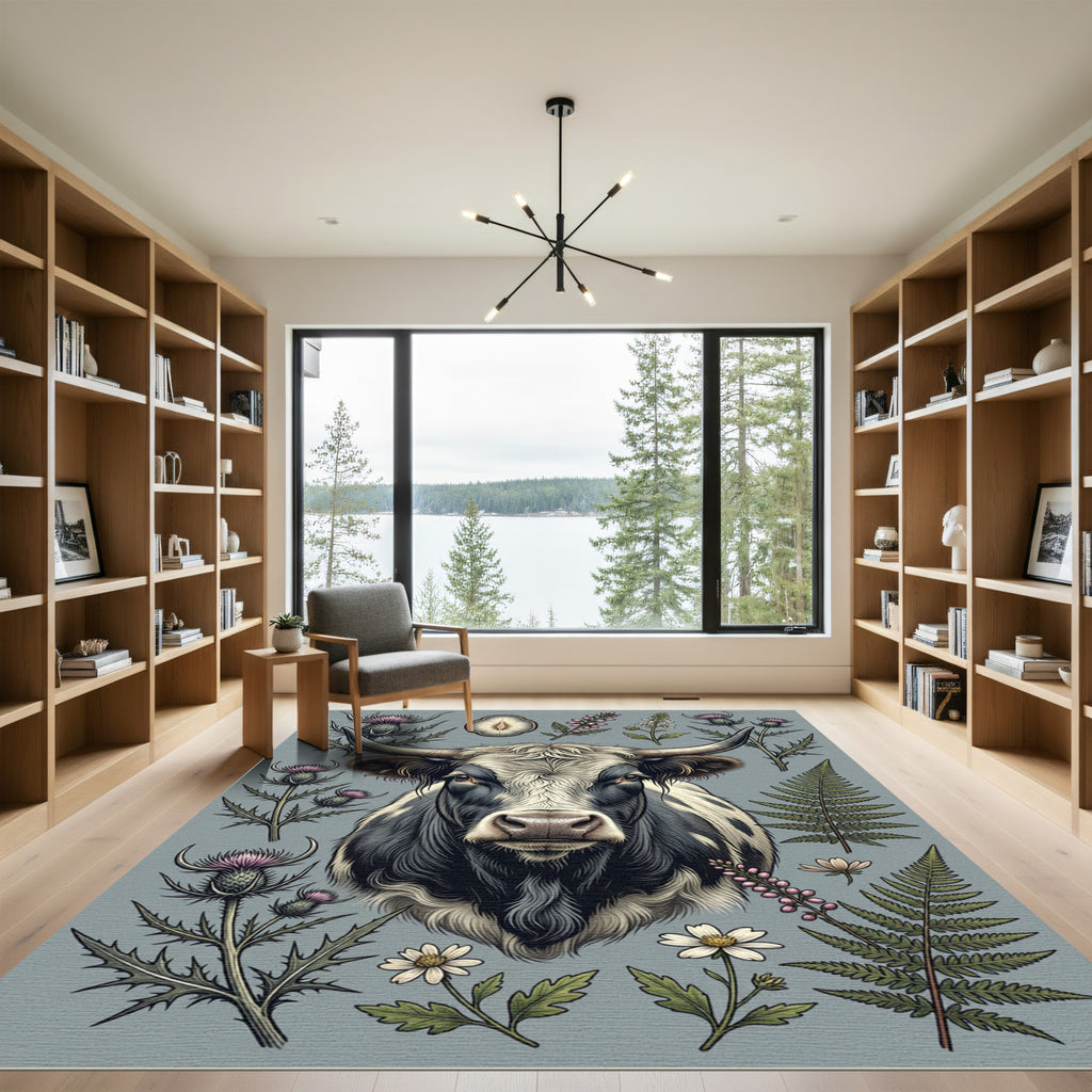 Highland Cow Thistle Floral Illustration Rug