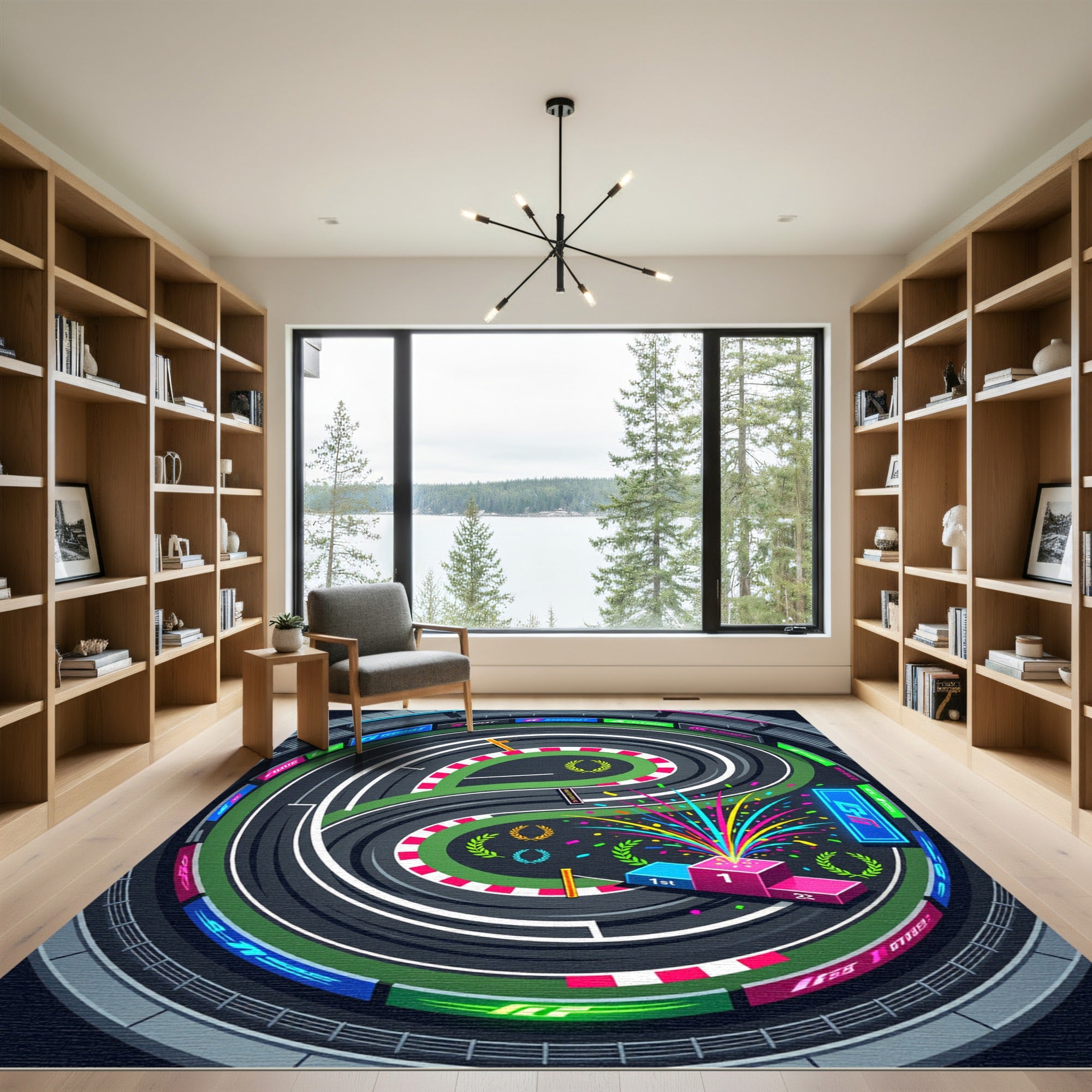 Vibrant Neon Oval Racing Circuit Rug