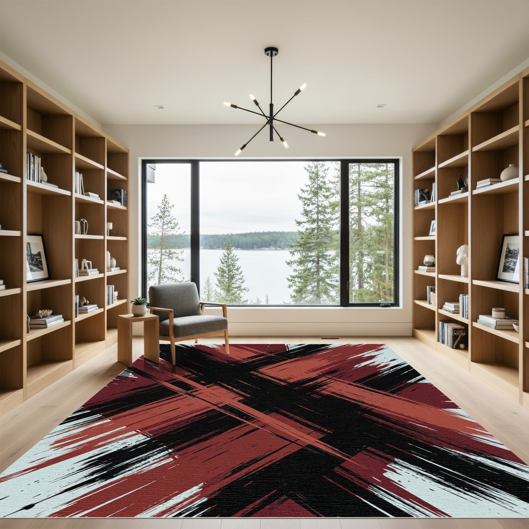 Crimson Burgundy Black Brushstroke Cross Rug