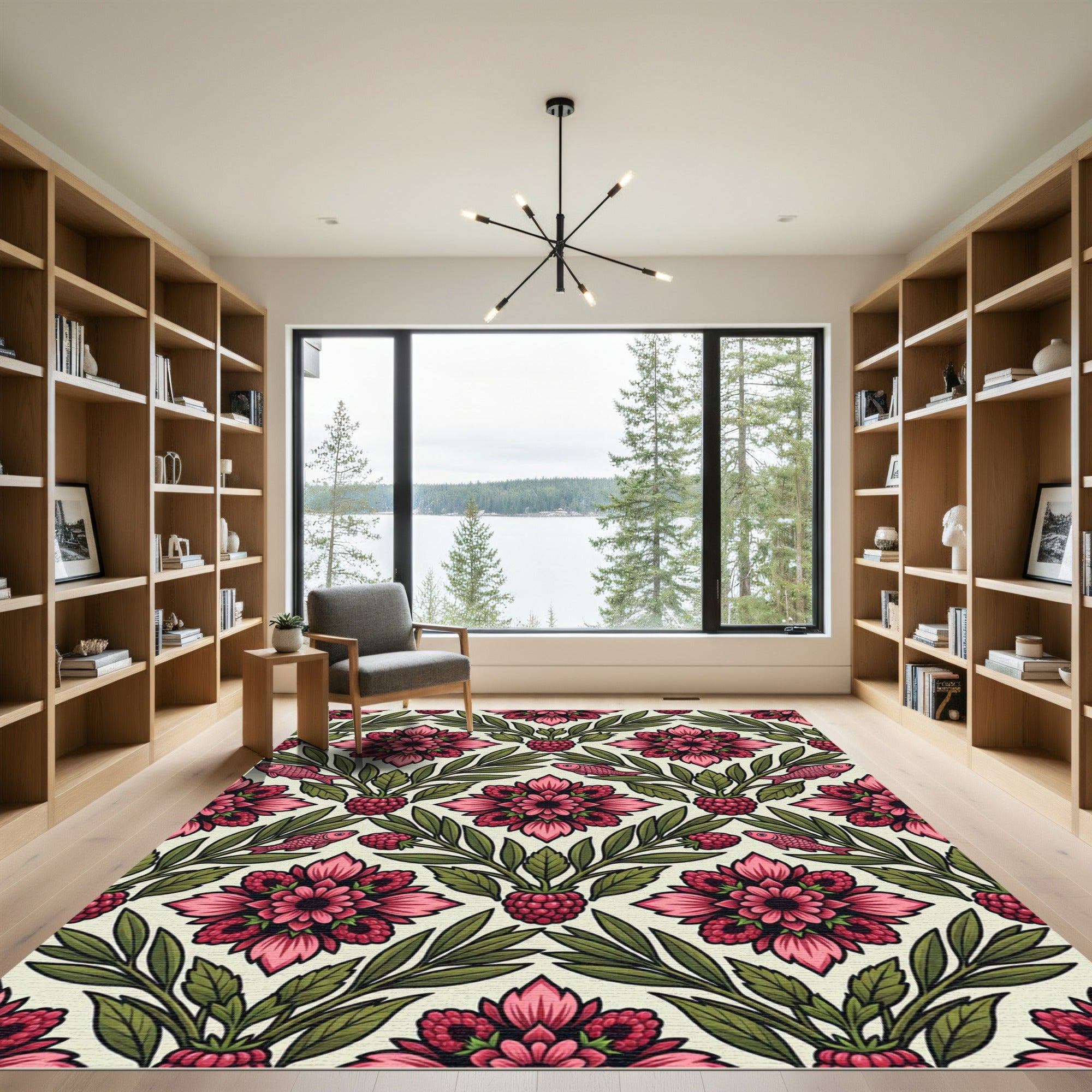 Pink Raspberry Flora and Fish Damask Rug