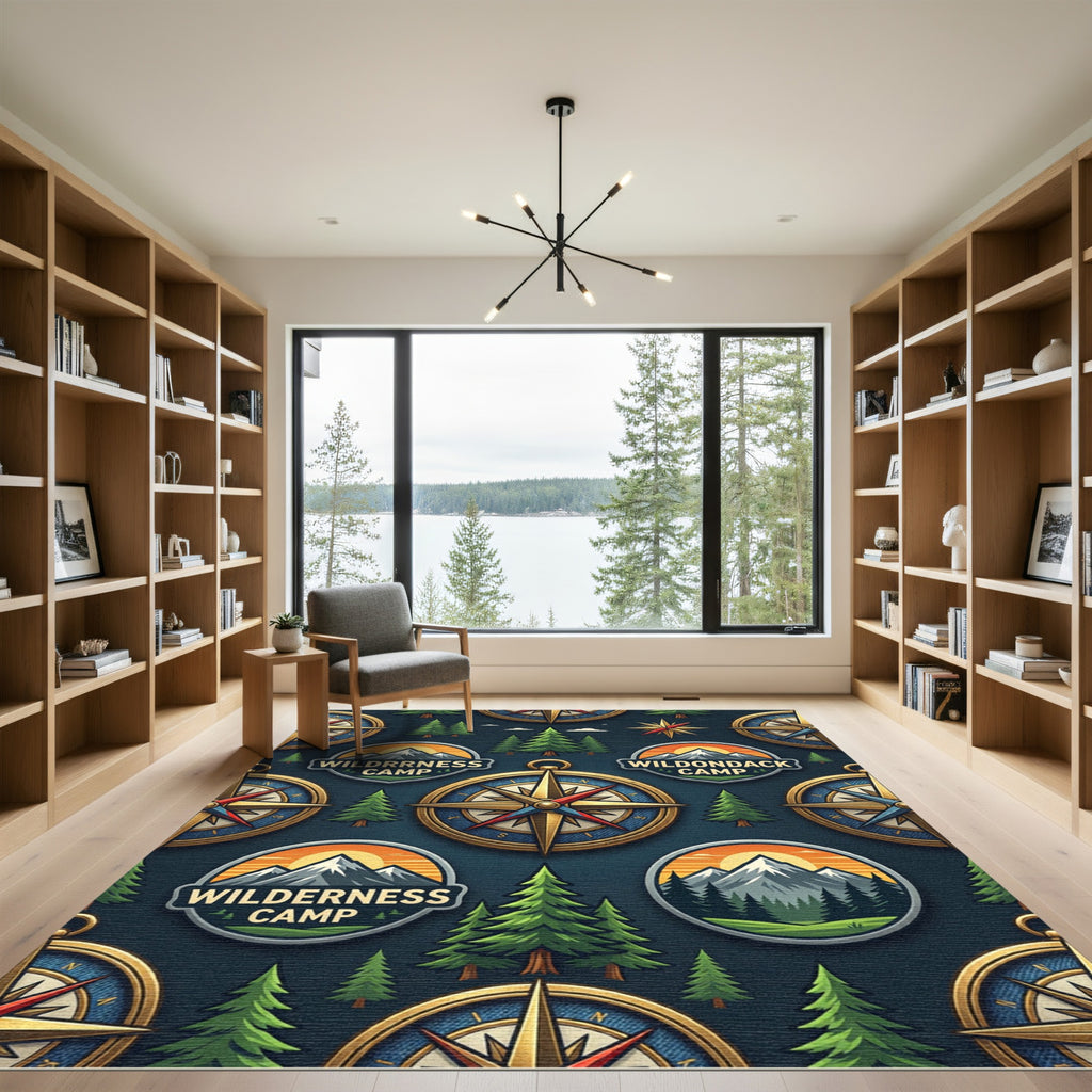 Rustic Navy Adventurer Compass Forest Rug