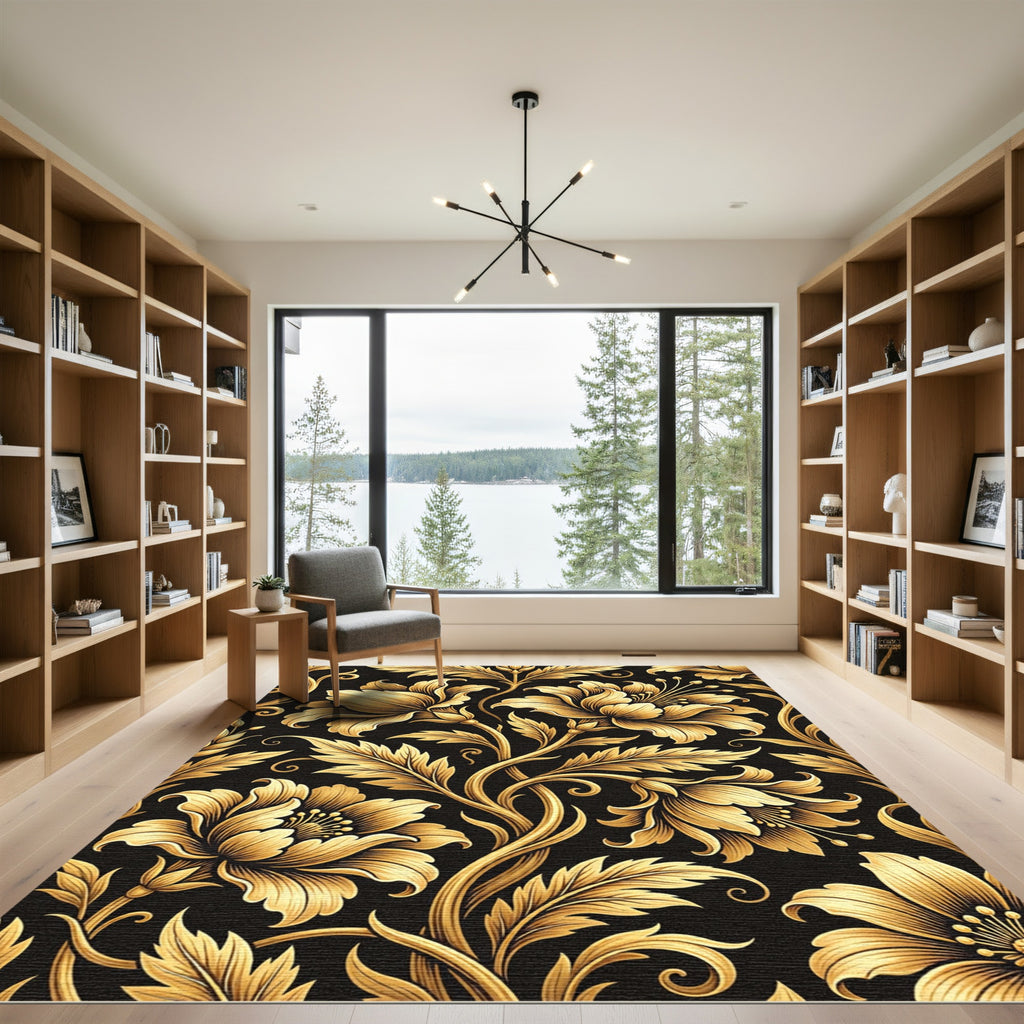 Elegant Gold Floral Vine Scroll Rug