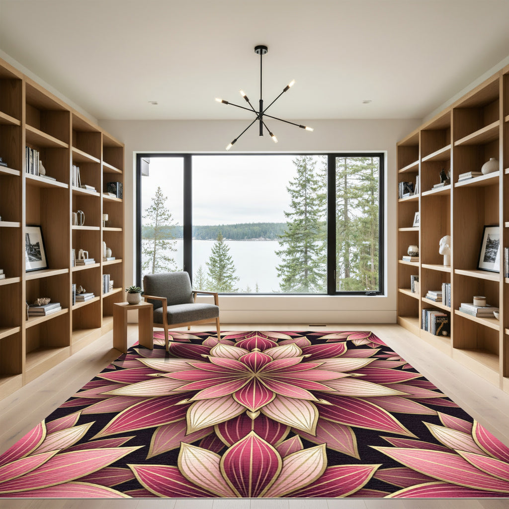 Elegant Pink Floral Lotus Medallion Rug