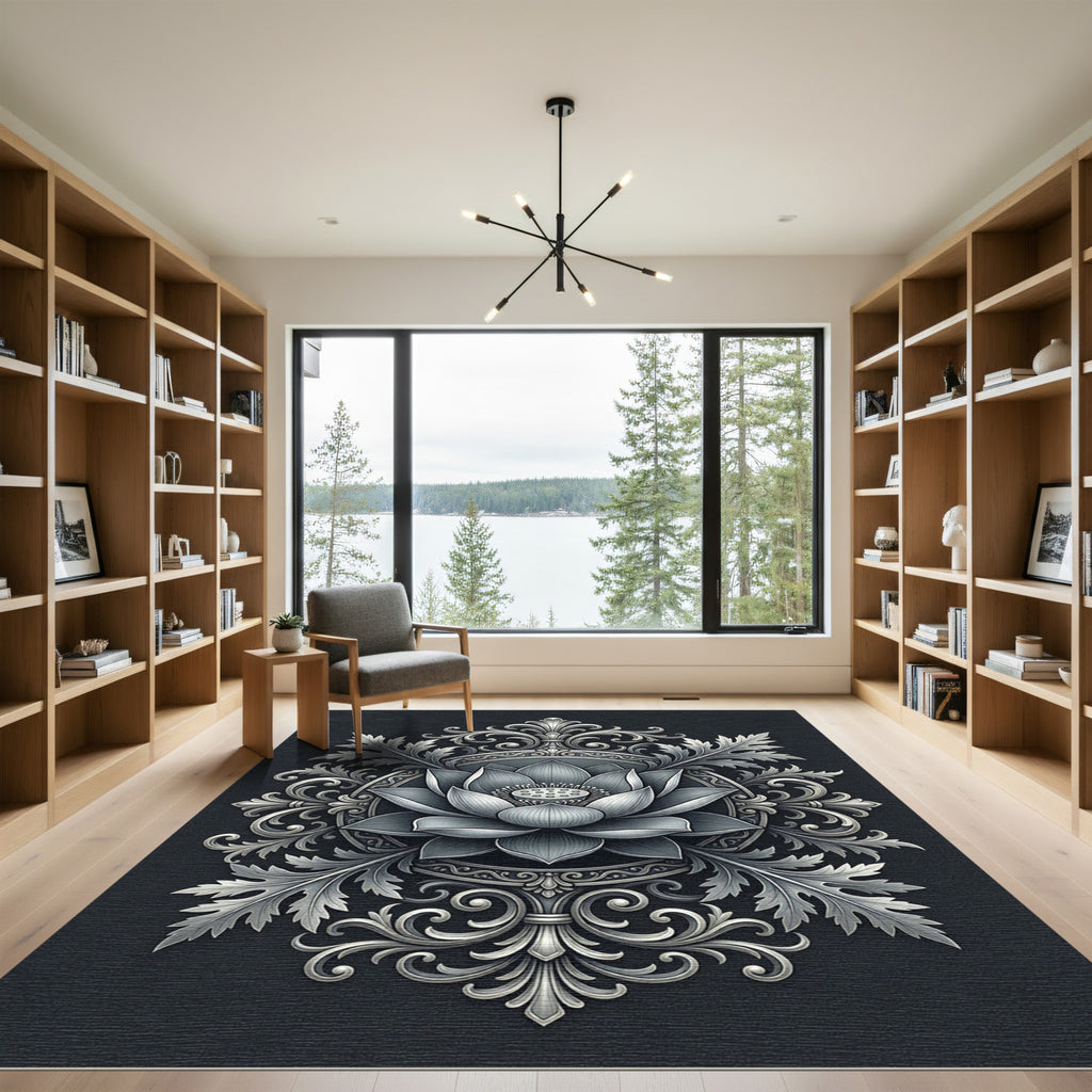 Silver Lotus Floral Ornate Medallion Rug