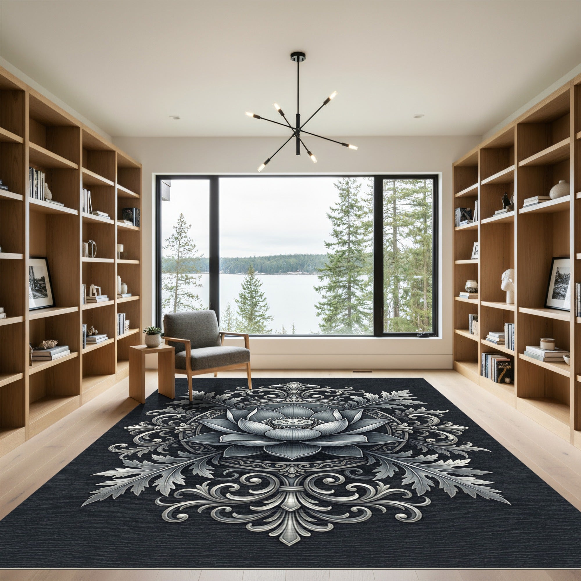 Silver Lotus Floral Ornate Medallion Rug