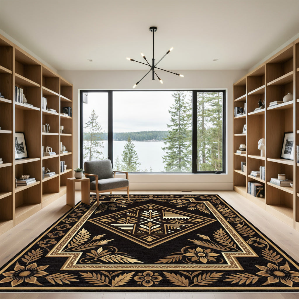 Earthy Gold Geometric Floral Medallion Rug