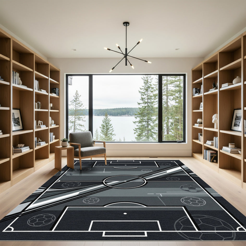 Modern Monochrome Soccer Abstract Grid Rug