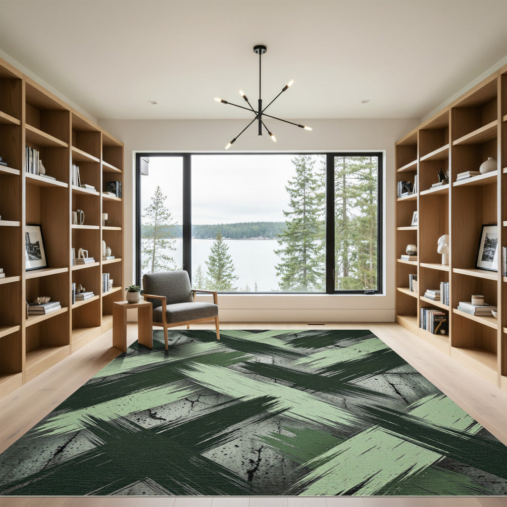 Green Brushstroke Intersecting Lines Rug