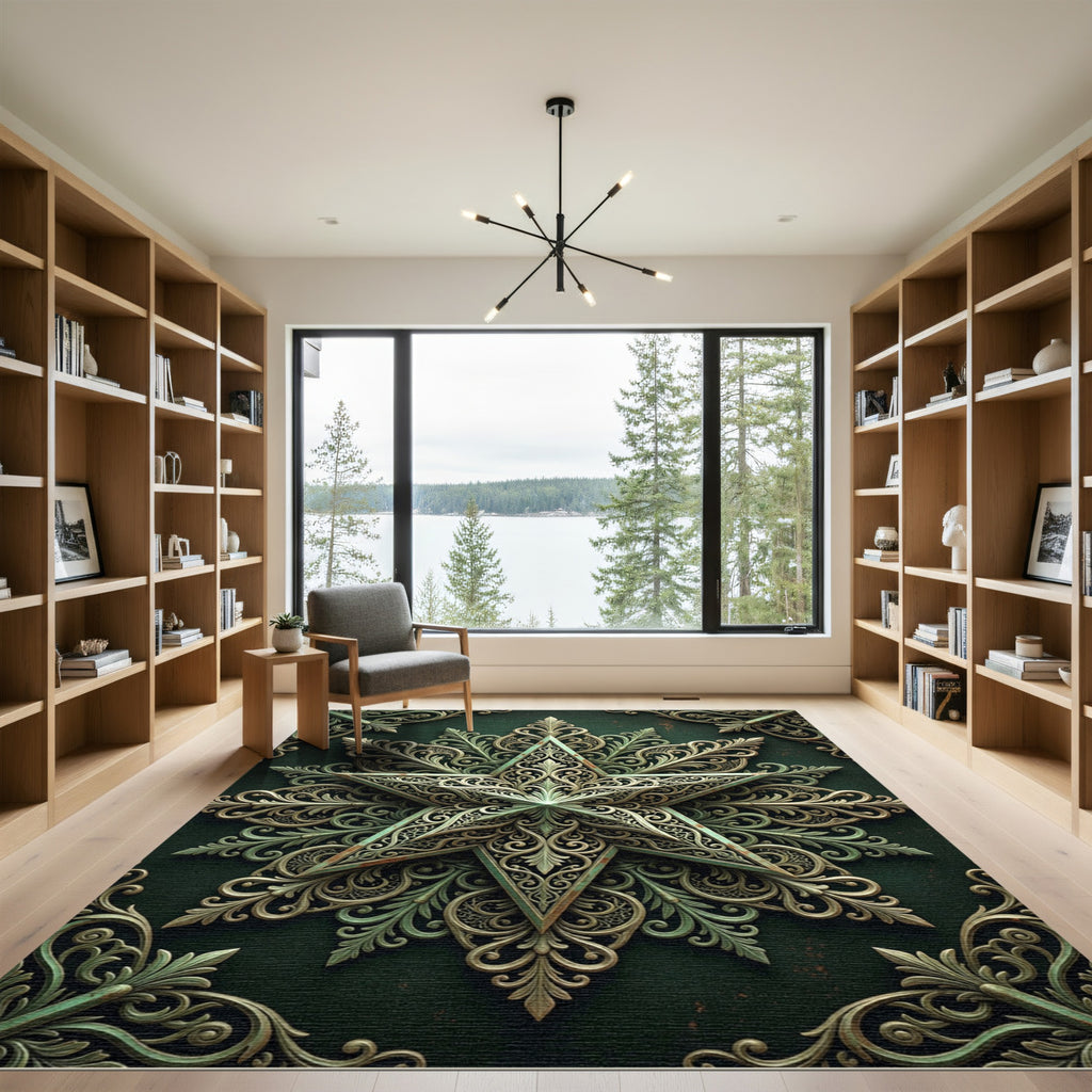 Ornate Sage Green Filigree Star Rug