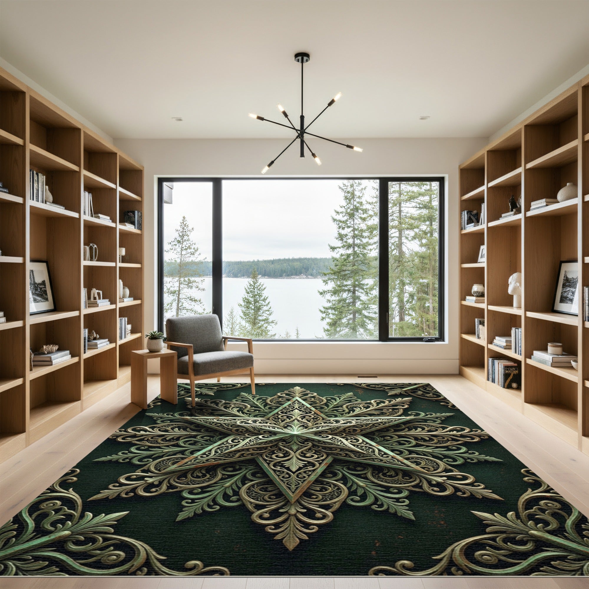 Ornate Sage Green Filigree Star Rug