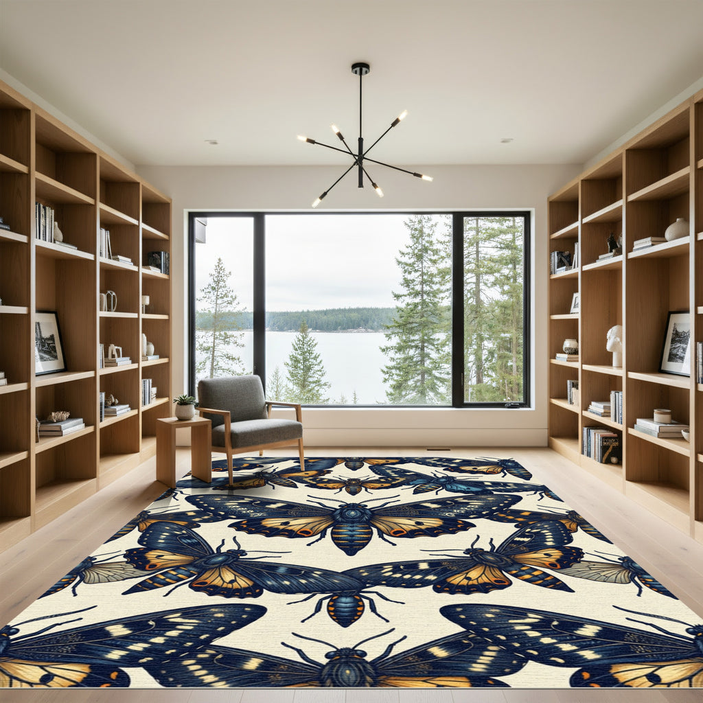 Dark Celestial Gold Butterfly Ink Illustration Rug