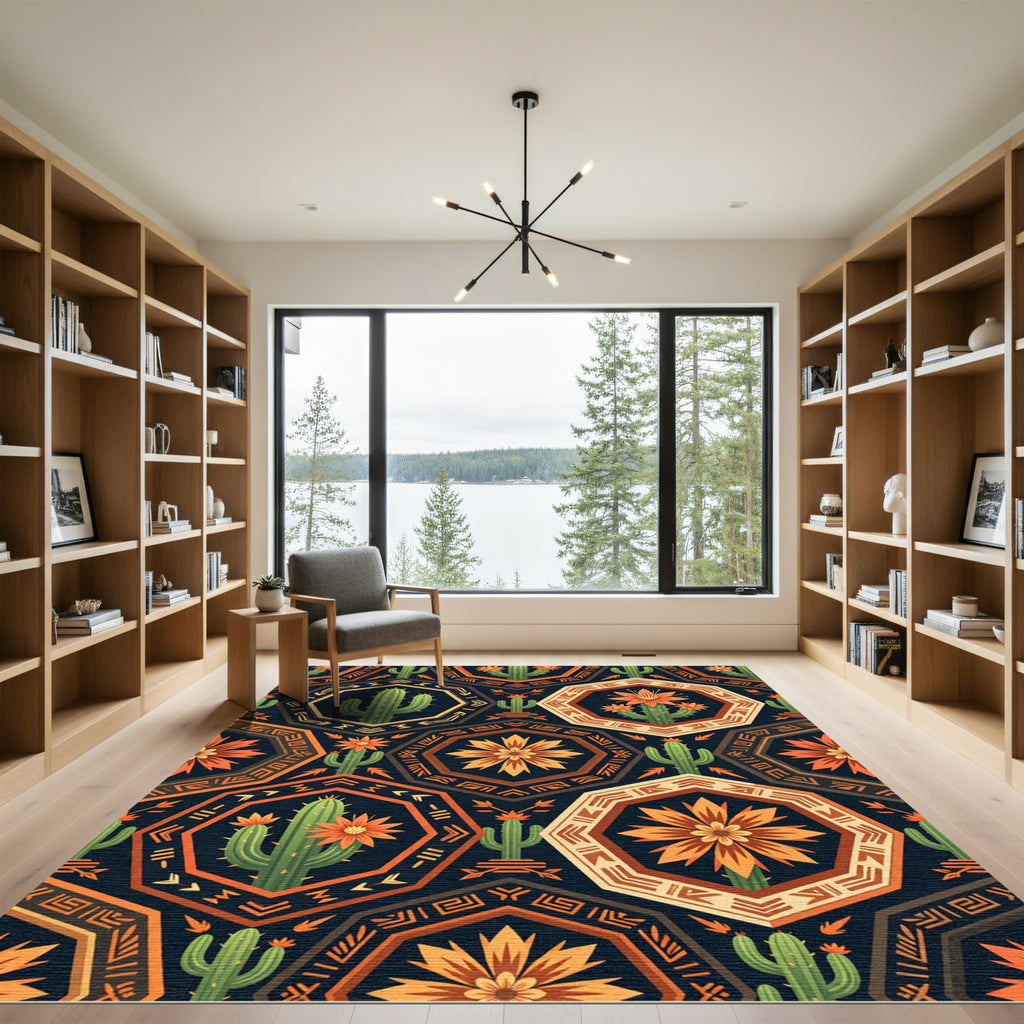 Desert Cactus Hexagon Terracotta Ochre Art Rug
