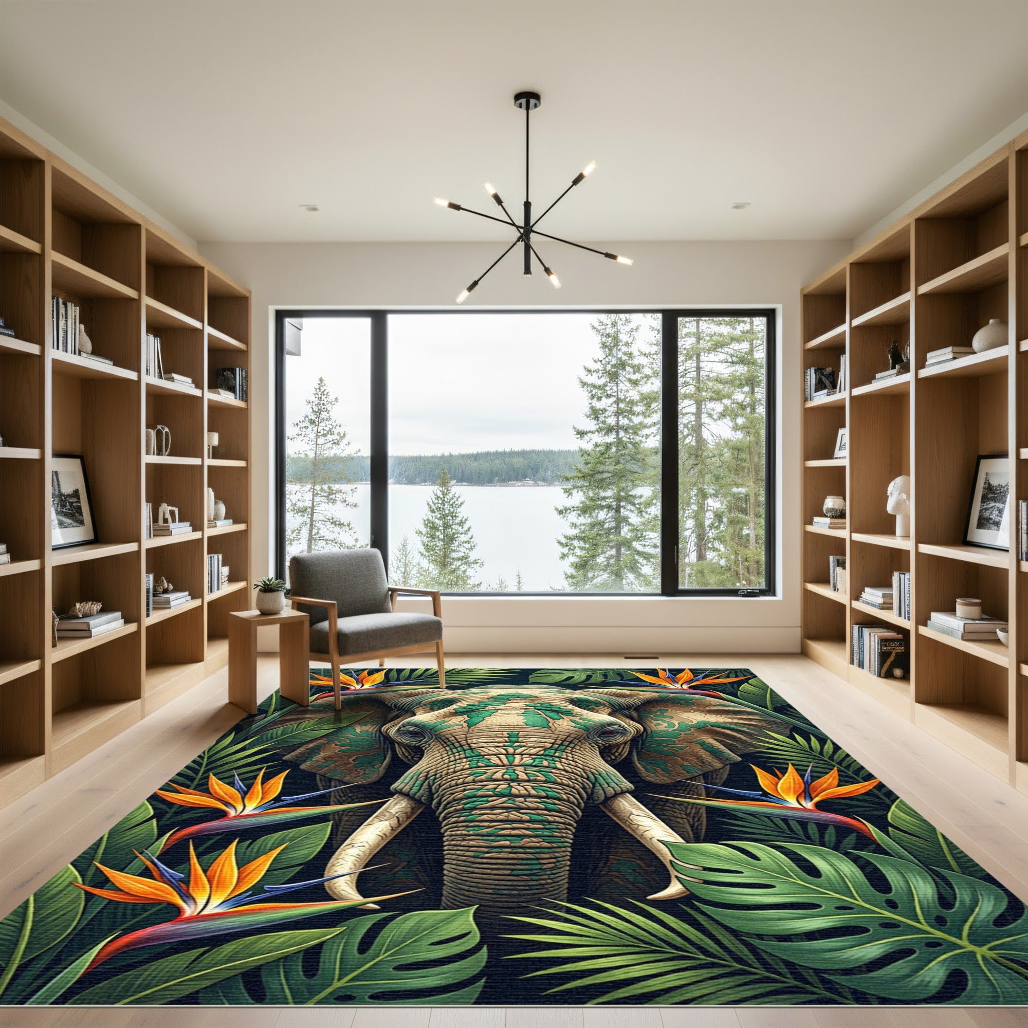 Majestic Elephant amidst Vibrant Tropical Flora Rug